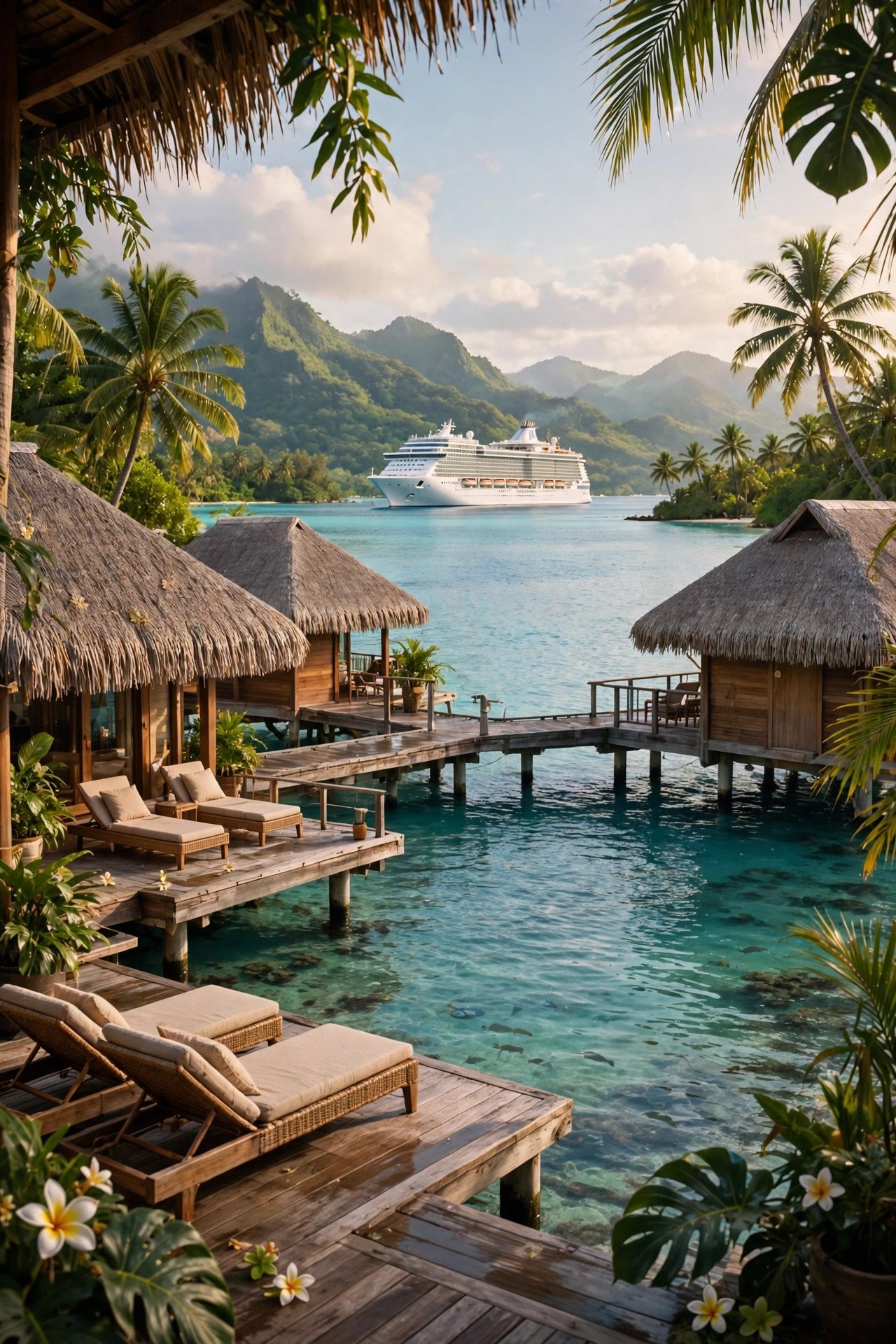 Overwater scenery and a cruise ship anchored in a turquoise South Pacific lagoon