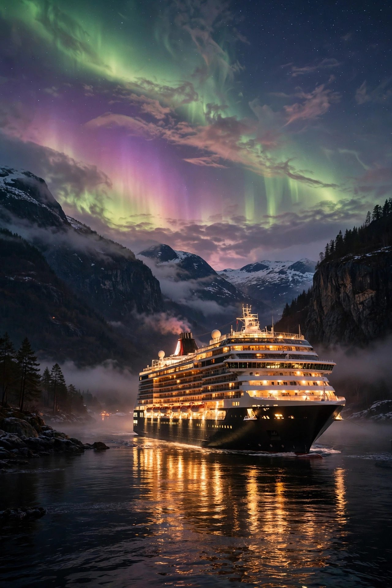 Northern lights glowing above a cruise ship sailing a Norwegian fjord