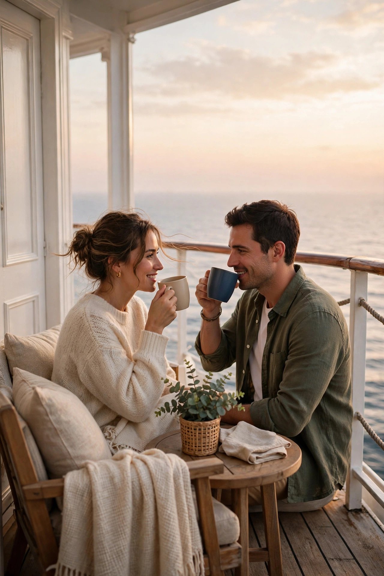 Couple drinking coffee on their private cruise cabin balcony at sunrise