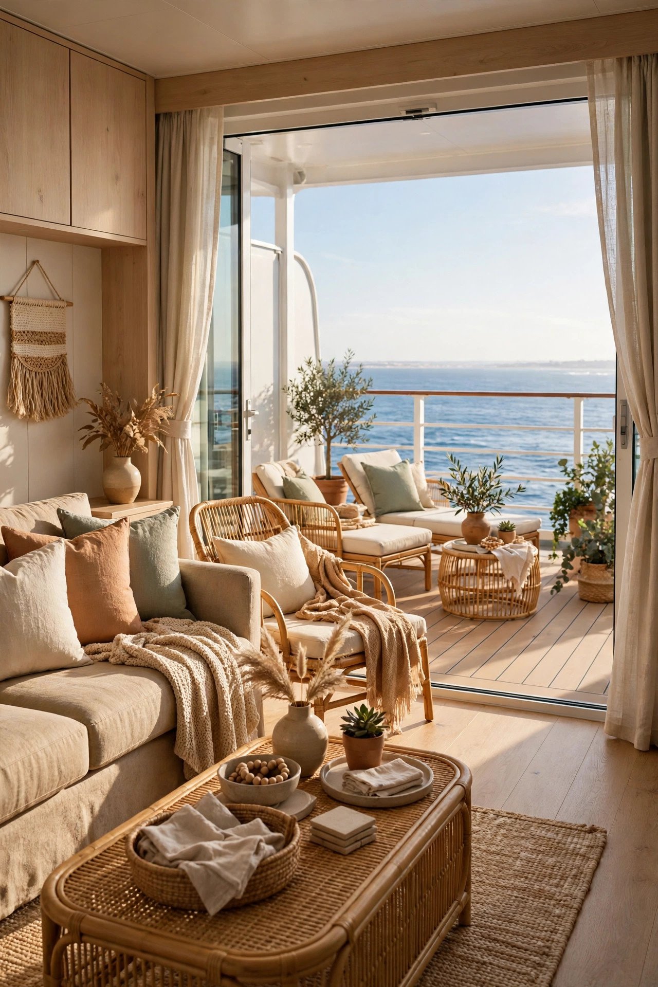 Spacious cruise suite with a sitting area and wide private terrace