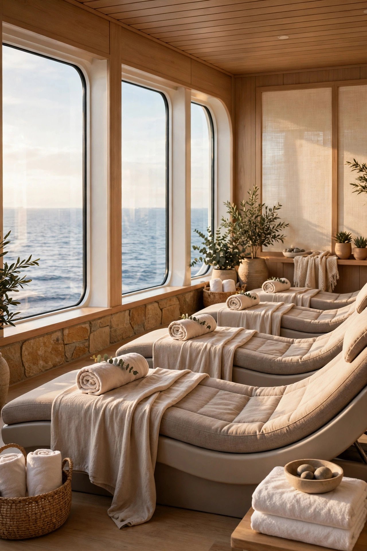 Serene cruise ship spa thermal suite with heated loungers and ocean windows