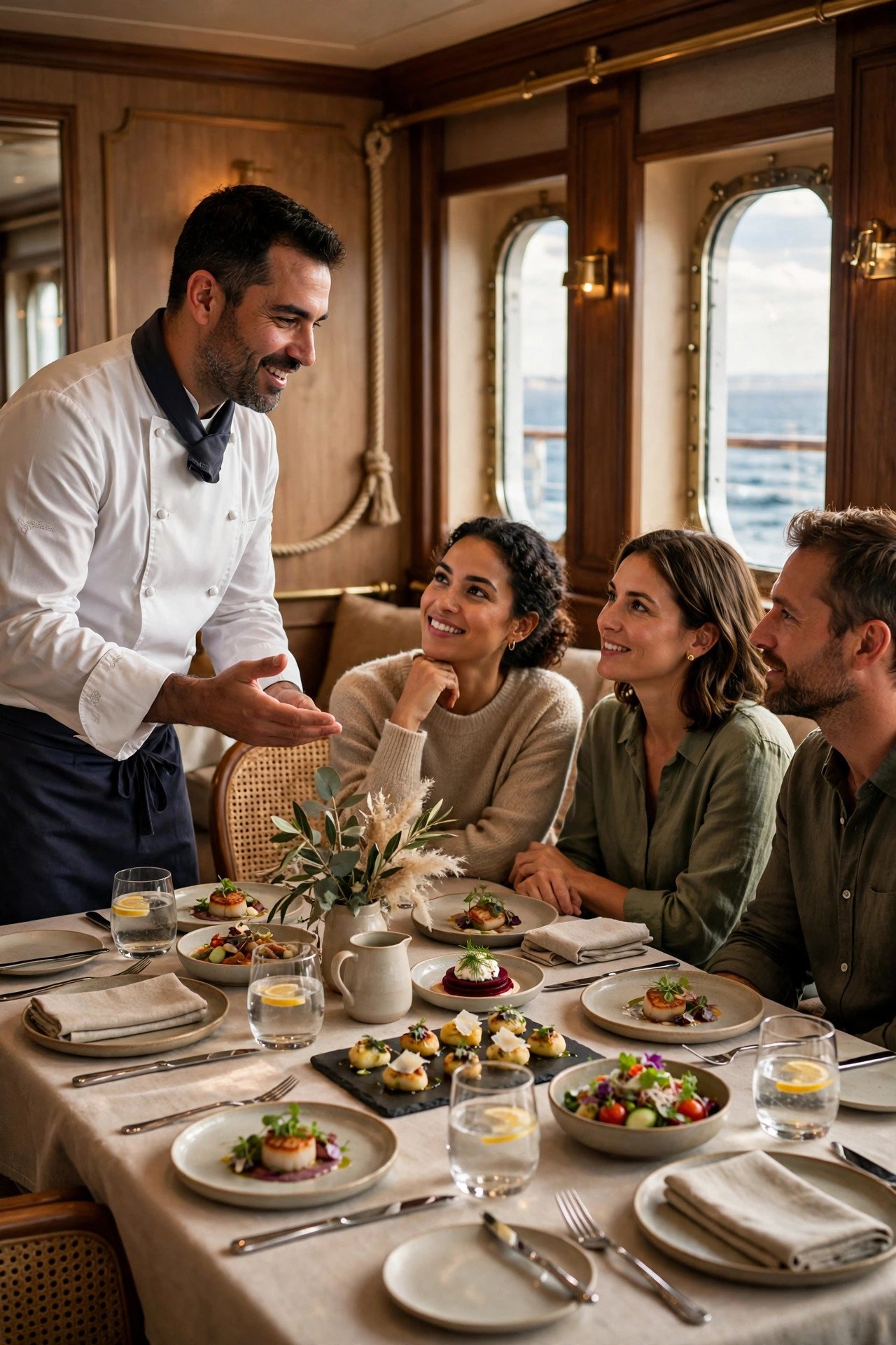 Chef presenting a multi-course tasting dinner to a small group on a cruise ship