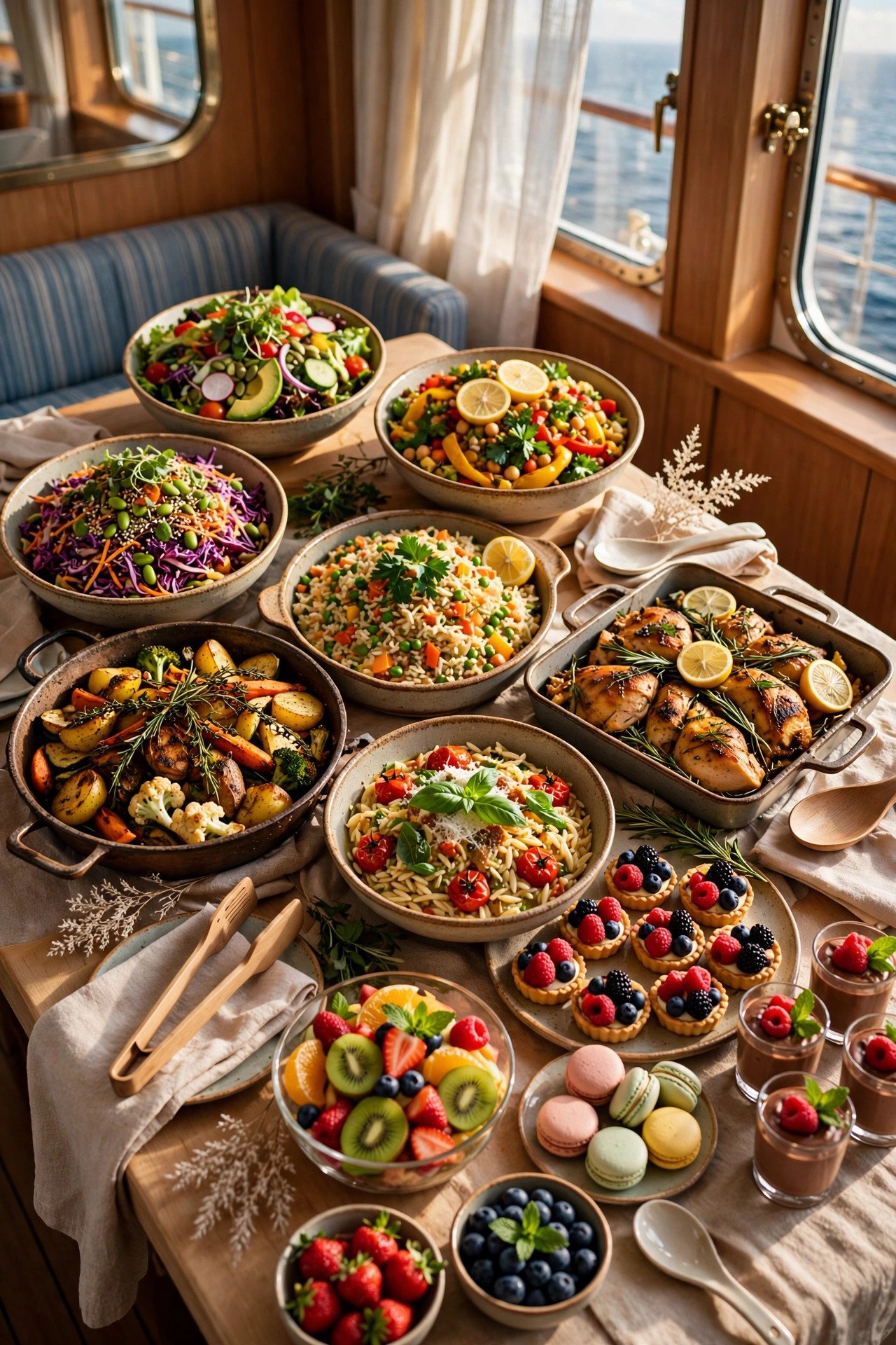 Colourful buffet spread with salads, hot dishes and desserts on a cruise ship
