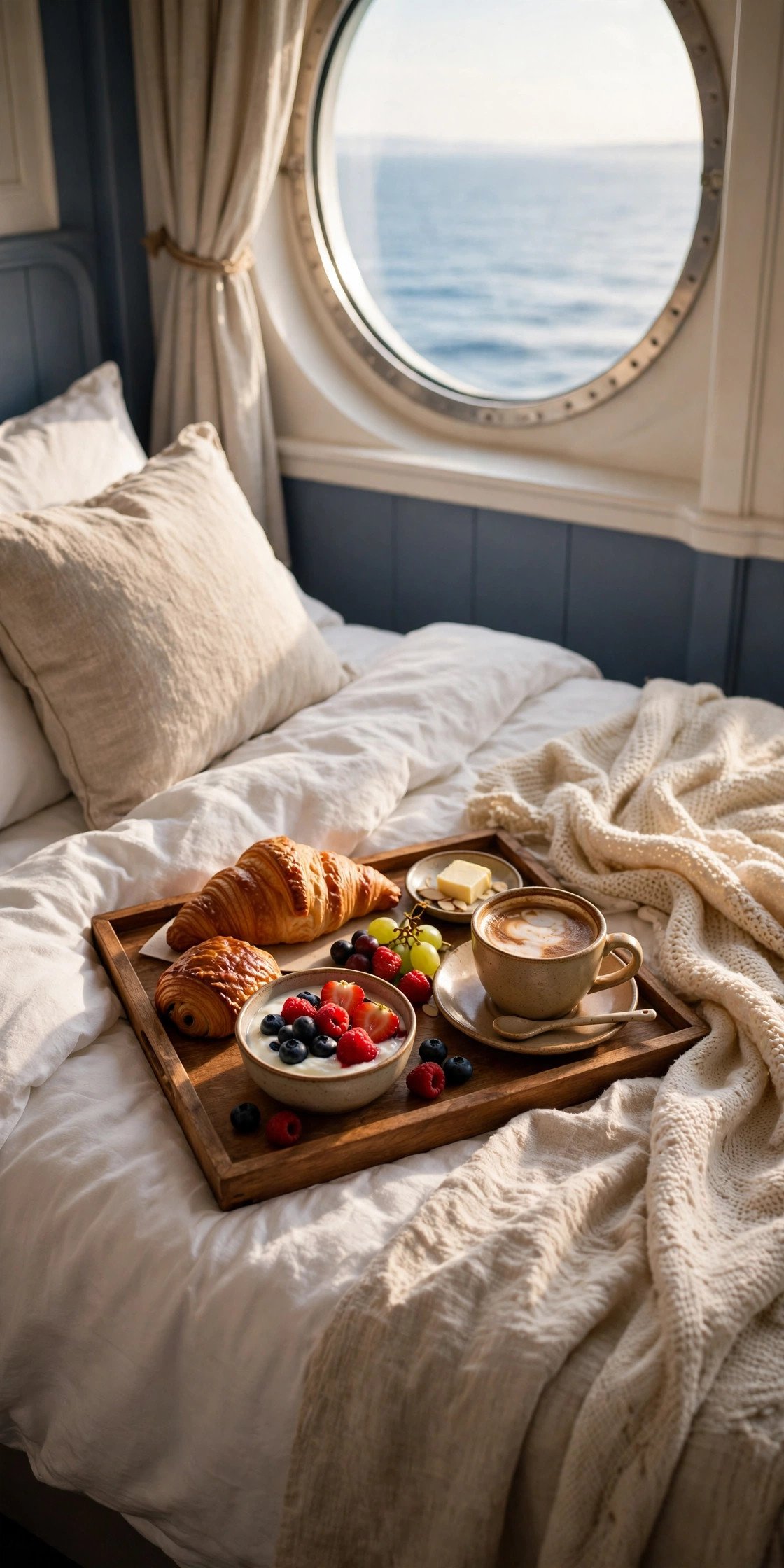 Breakfast tray with pastries, fruit and coffee served in a cruise cabin