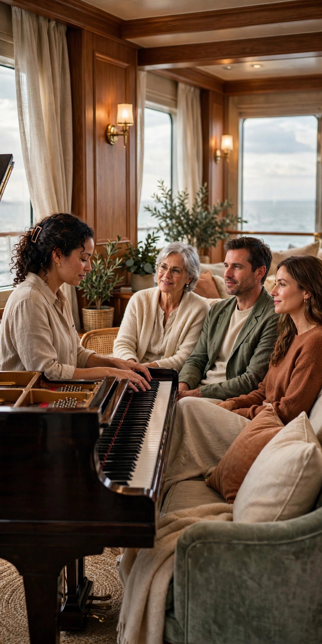 Pianist performing for a relaxed audience in a cruise ship music lounge