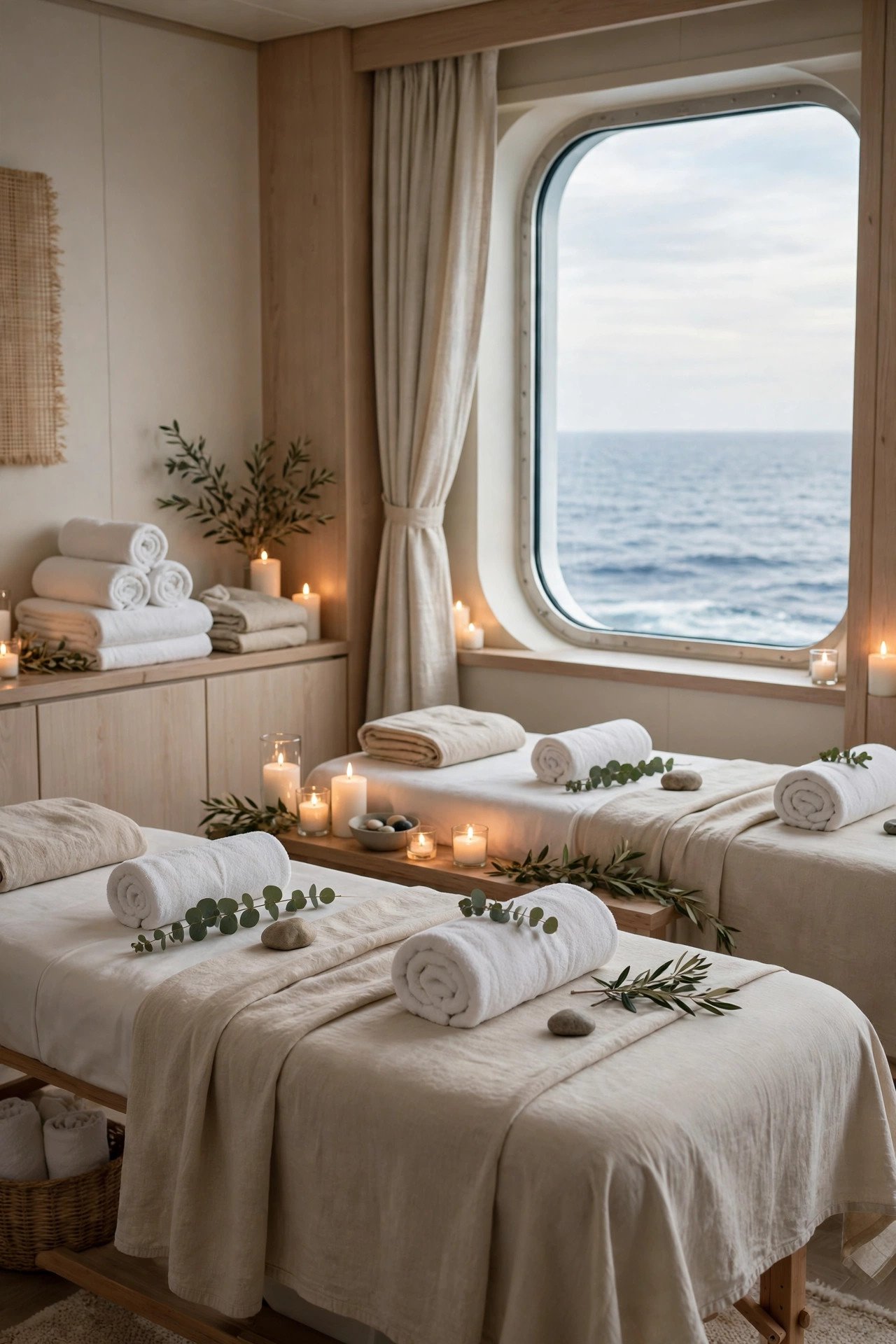 Calm cruise spa treatment room prepared for a couples massage