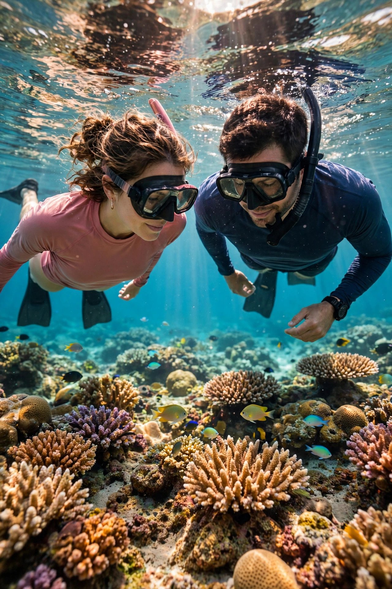 Couple snorkelling over a bright coral reef in clear tropical water