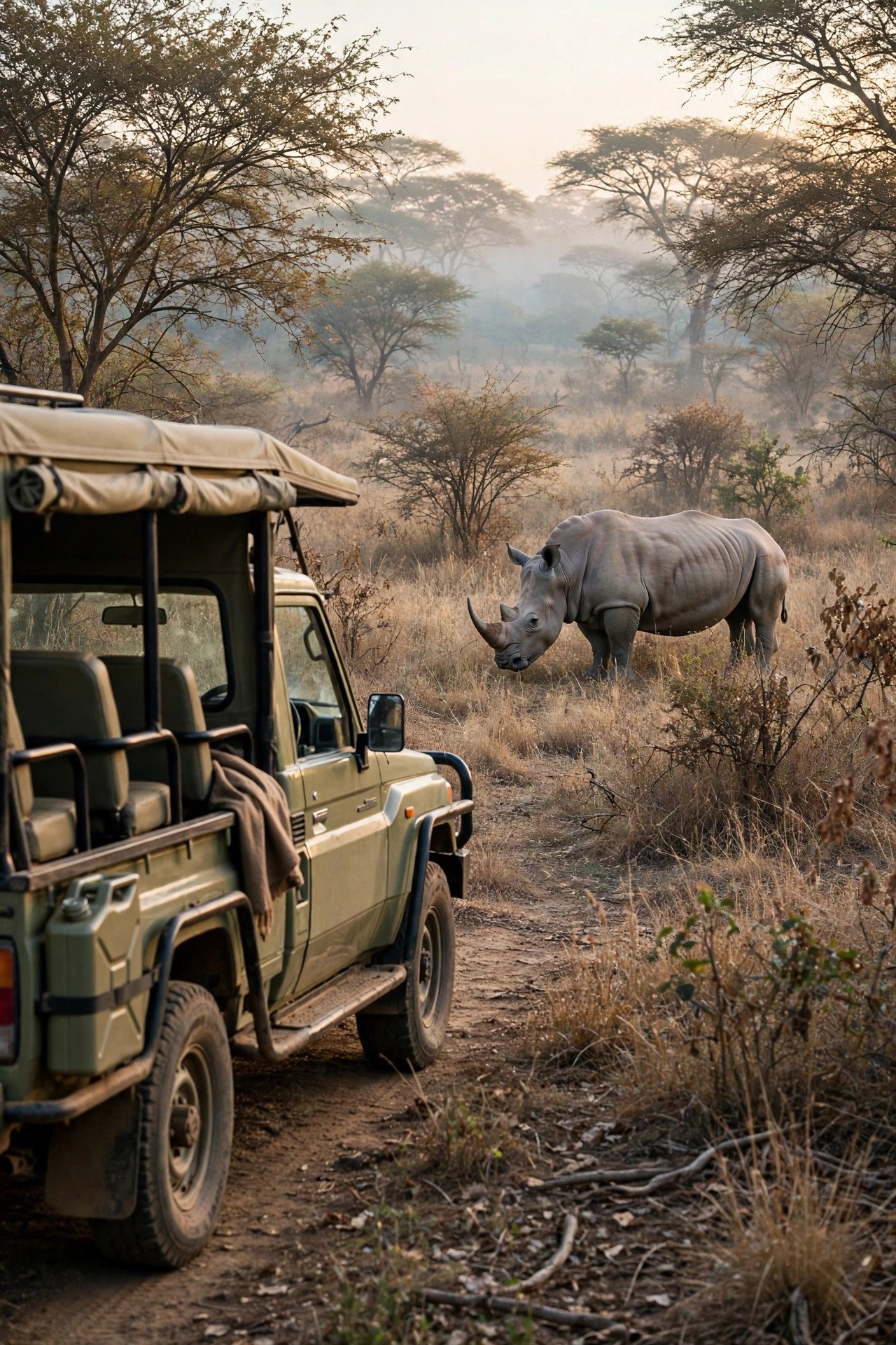 Safari vehicle watching rhino in Kruger bushveld at dawn in South Africa