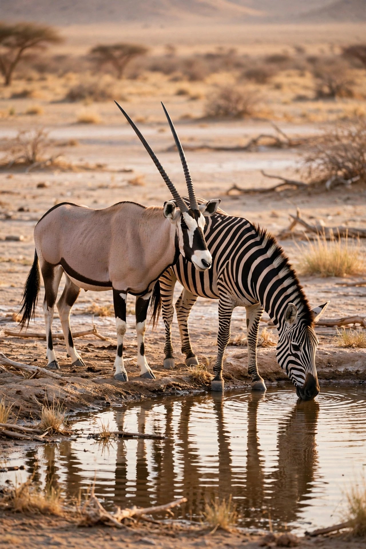 Oryx and zebra gathered at an Etosha waterhole under desert light in Namibia