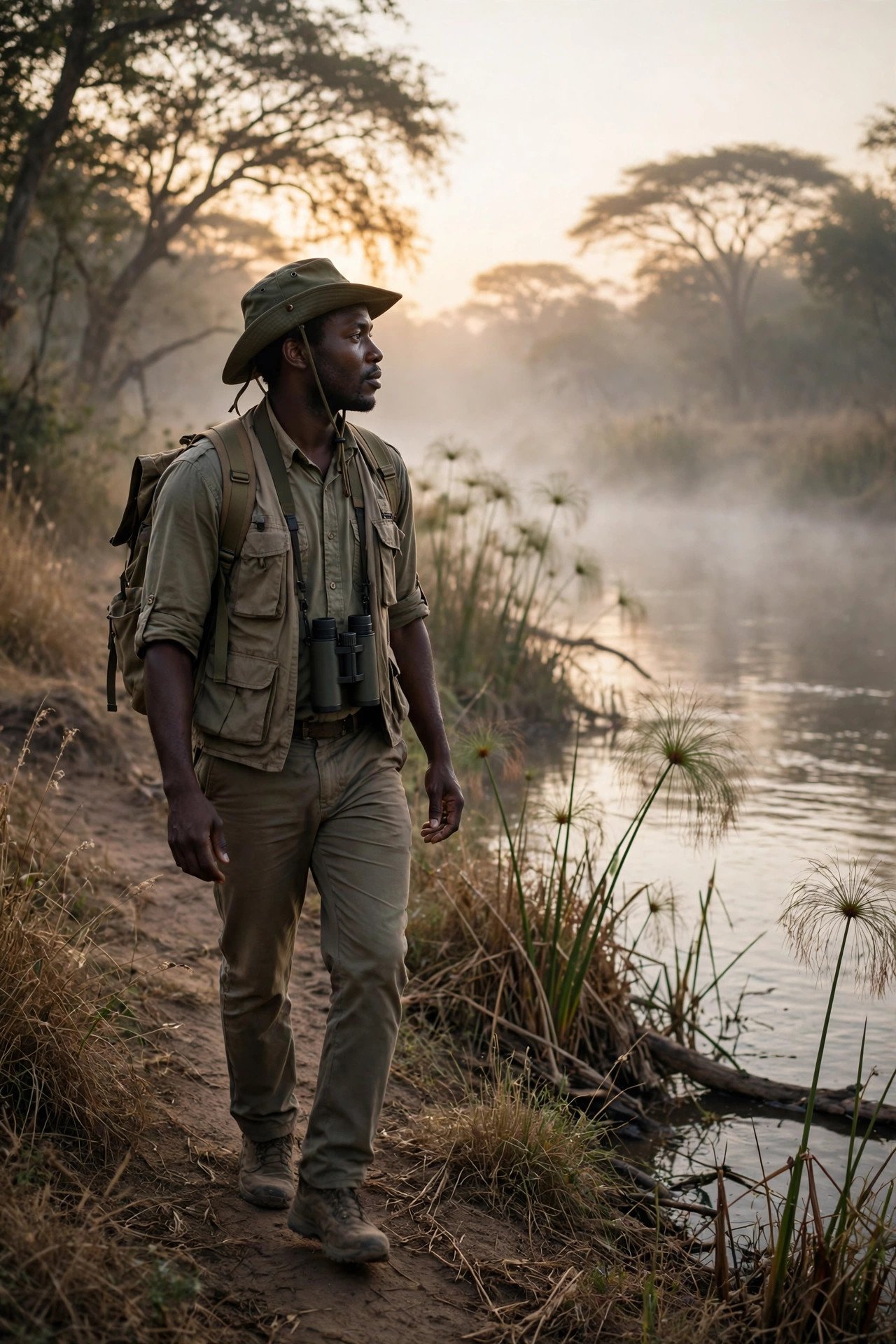 Guide leading a walking safari along a Luangwa riverbank in Zambia at dawn