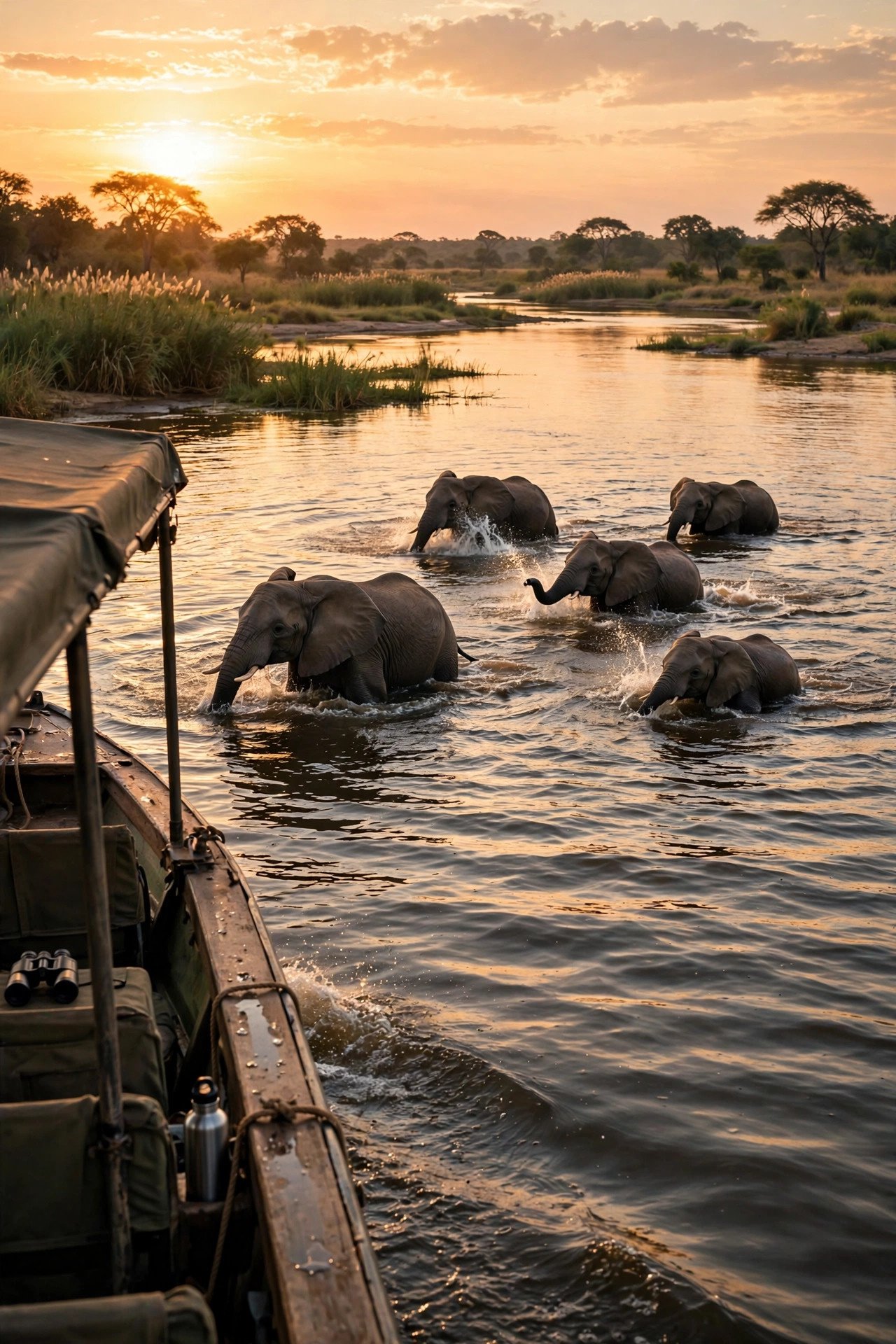 Safari boat approaching elephants swimming in the Chobe River Botswana at sunset