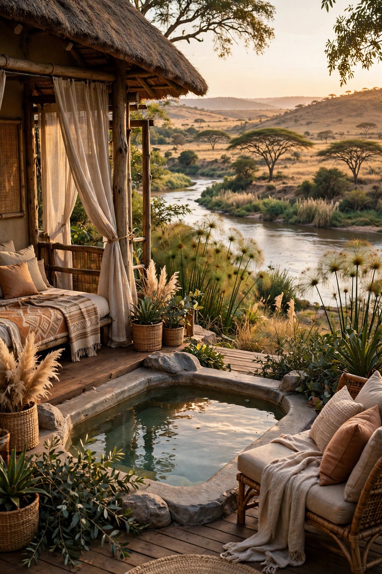 Safari lodge suite with a private plunge pool overlooking a river