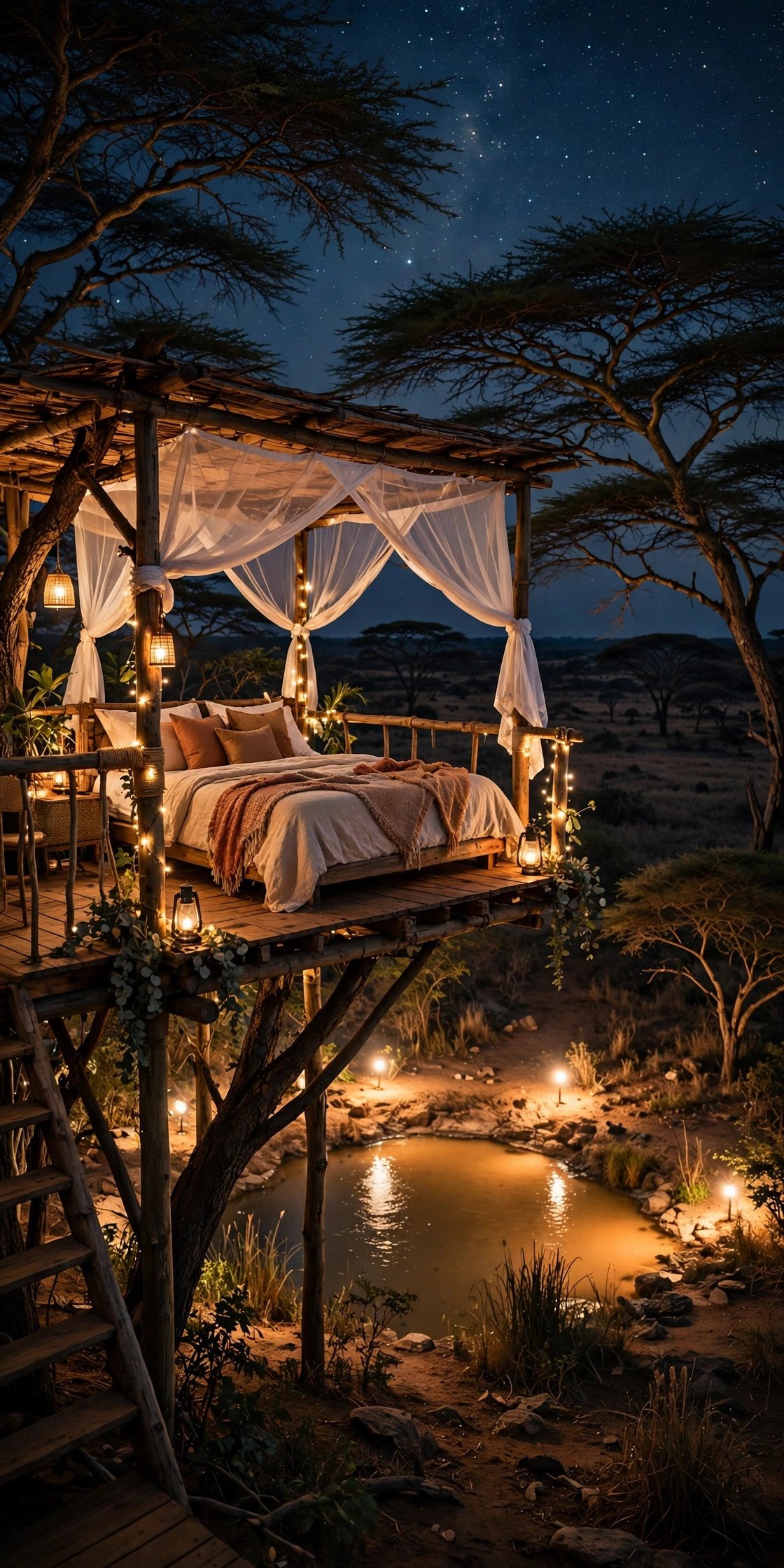 Raised treehouse star bed platform overlooking a floodlit waterhole at night