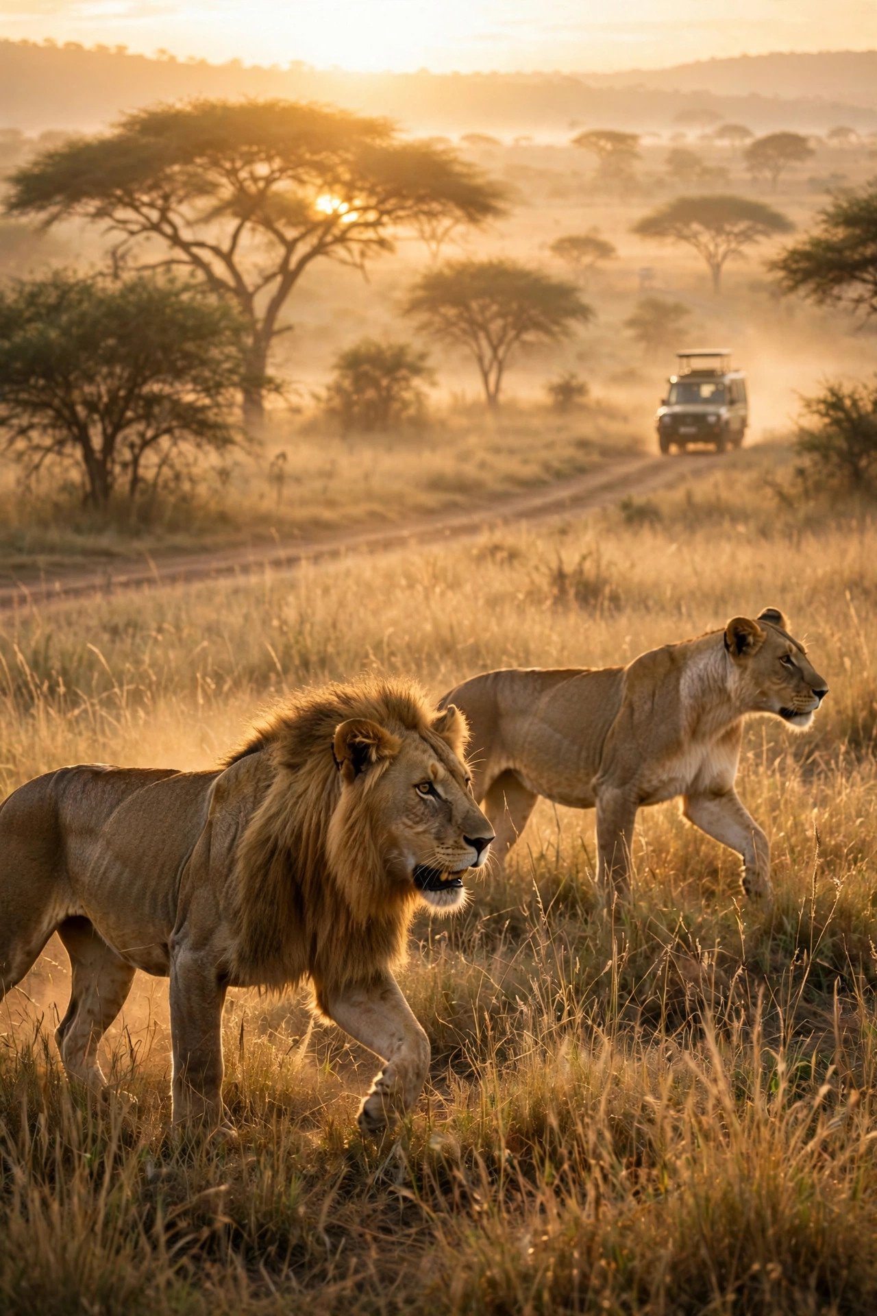 Lions active on a sunrise game drive in soft golden light