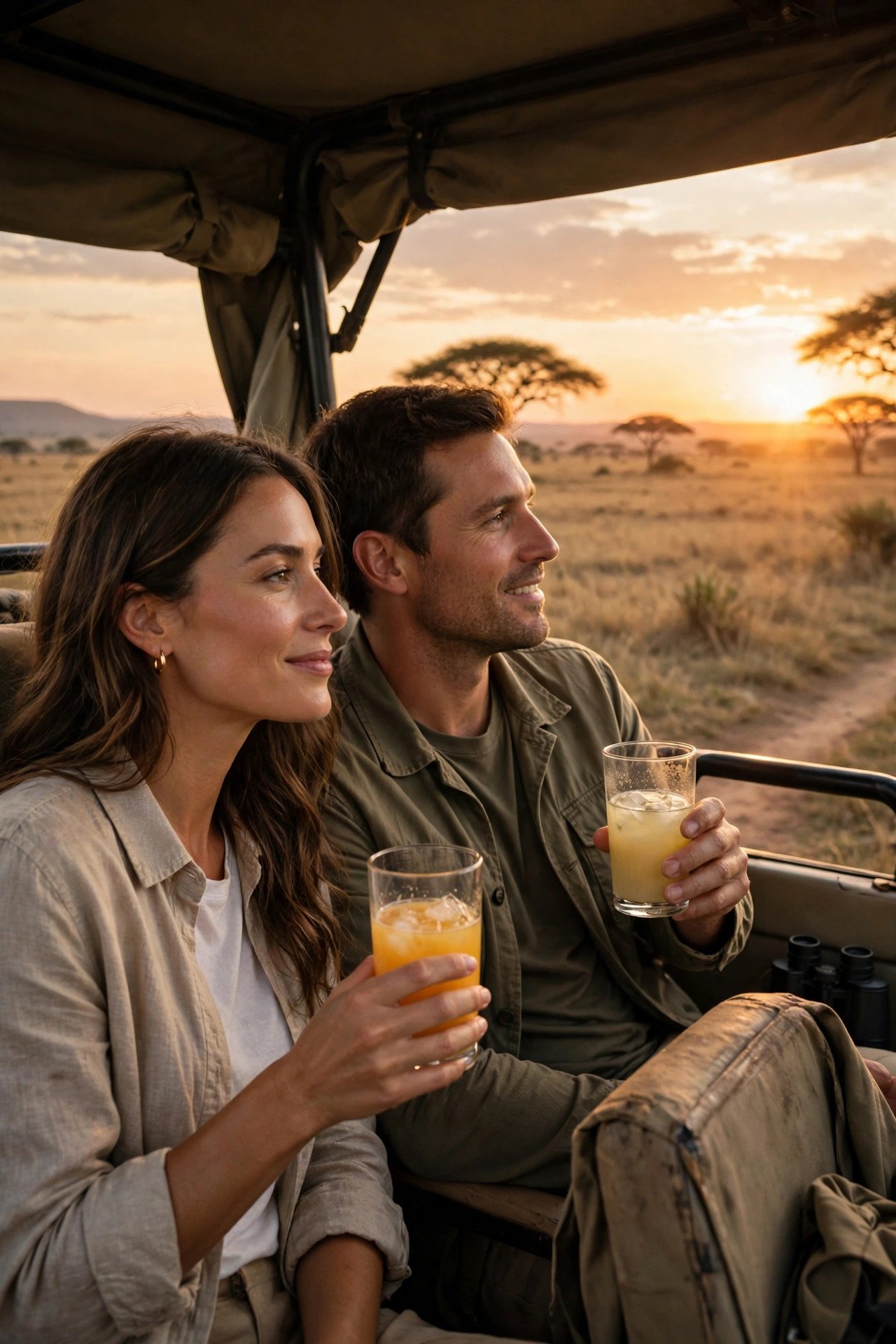 Safari vehicle stopped for a sundowner as the sun sets over the plains
