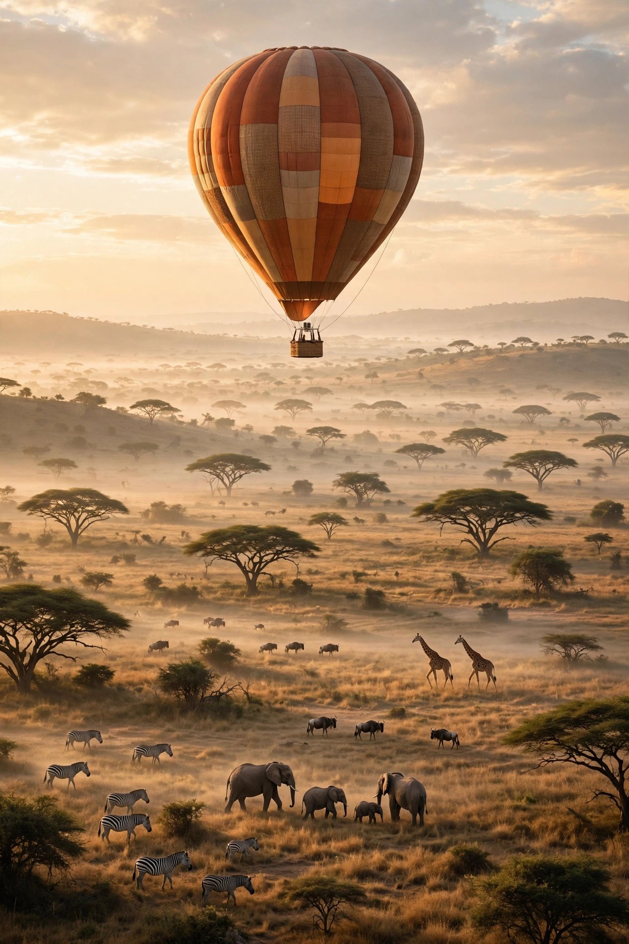 Hot-air balloon drifting over the savanna at sunrise with animals below