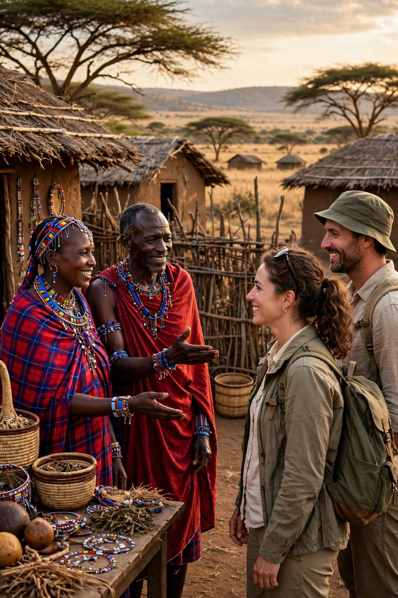 Visitors welcomed at a community-run cultural village near the Mara