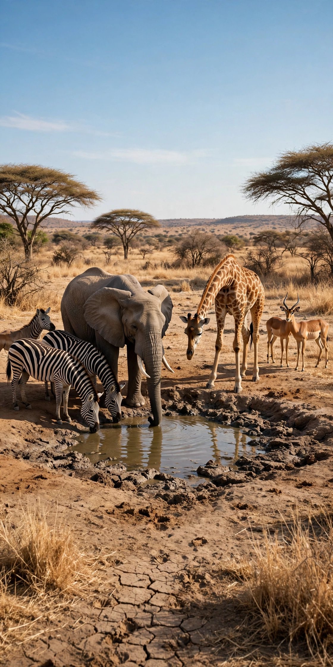 Animals gathered at a shrinking dry-season waterhole under a clear sky