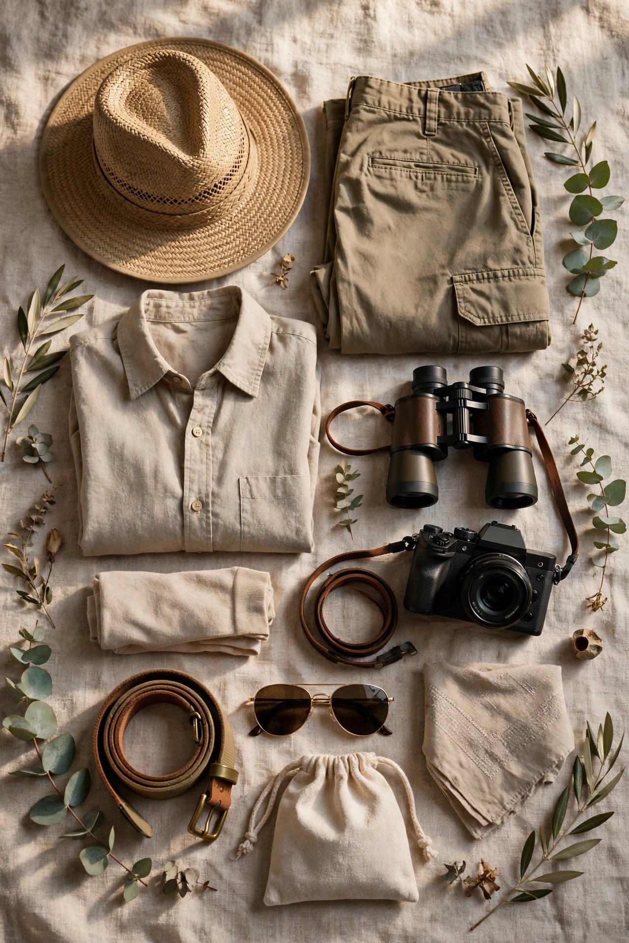 Safari packing laid out with neutral clothing, hat, binoculars and camera