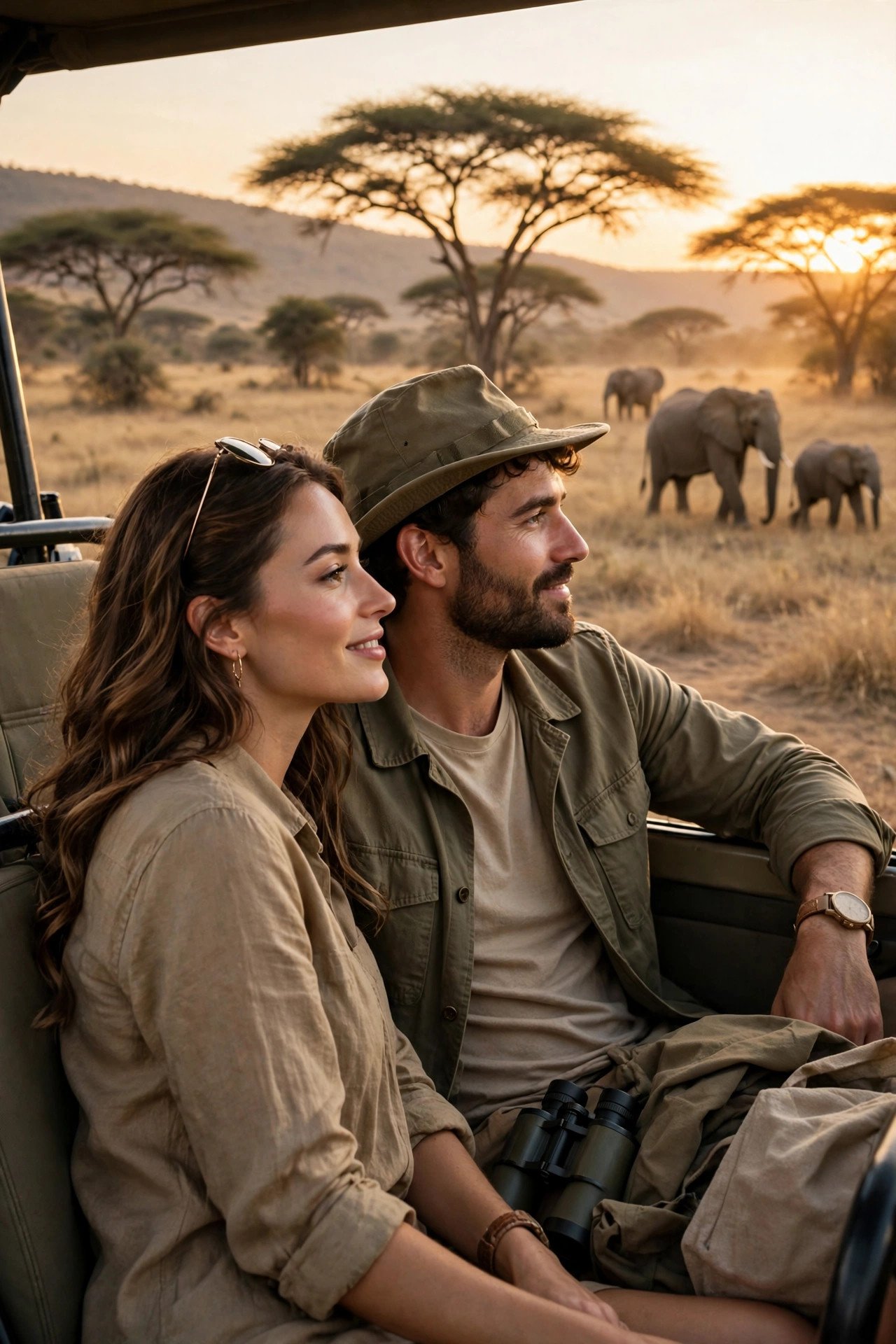 Couple on a safari game drive watching elephants at golden hour in Africa