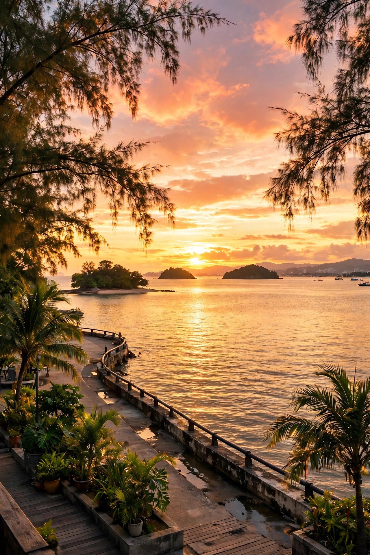 Sunset over the sea and islands from Kota Kinabalu waterfront in Sabah Borneo