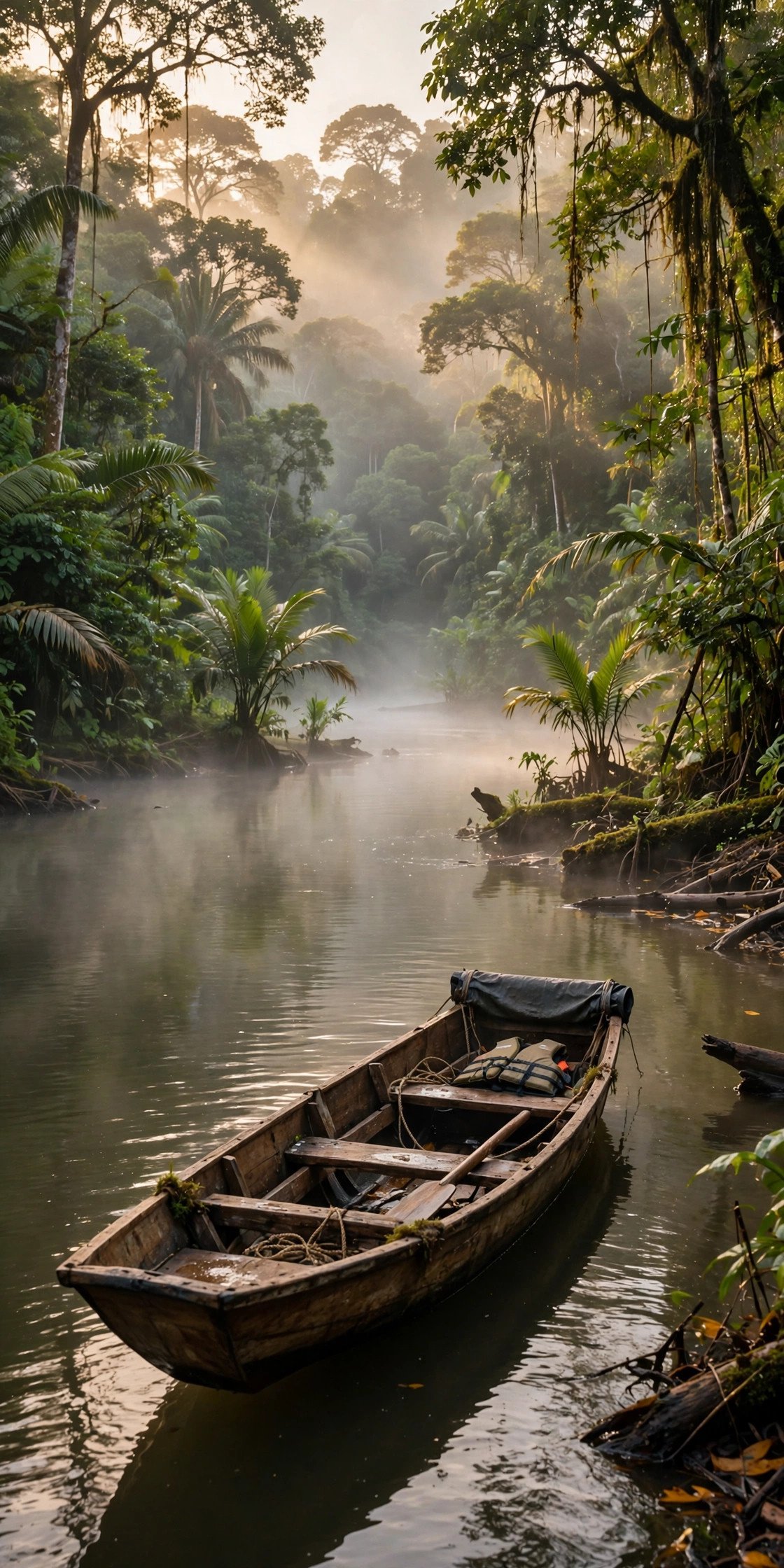 Boat on a misty Kinabatangan River at dawn in Sabah Borneo