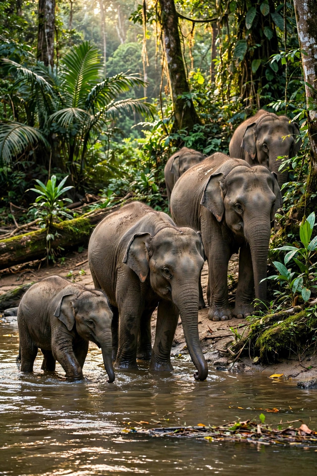 Bornean pygmy elephant herd at the edge of rainforest by a river