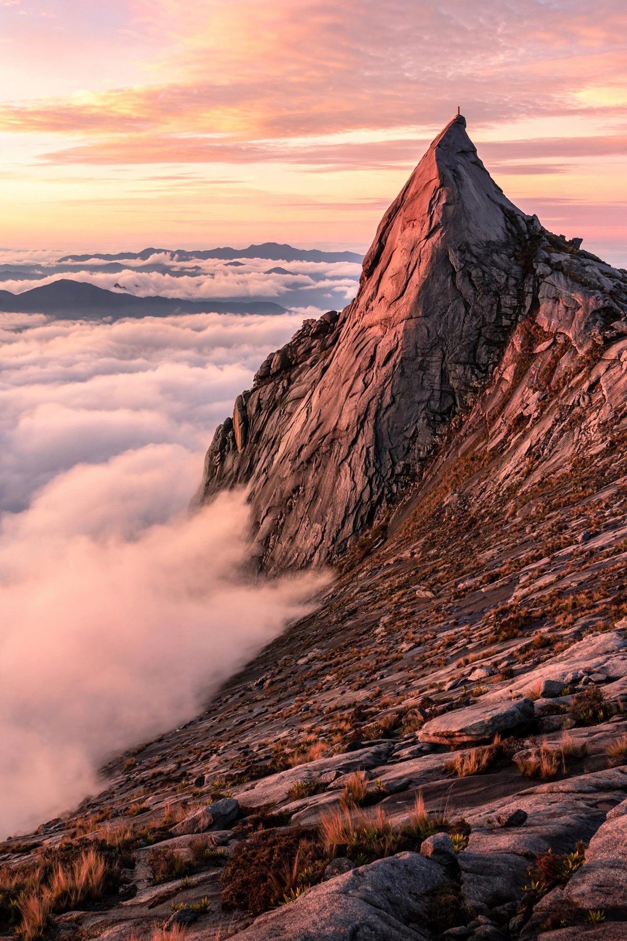 Mount Kinabalu granite peaks glowing pink at sunrise above Sabah clouds