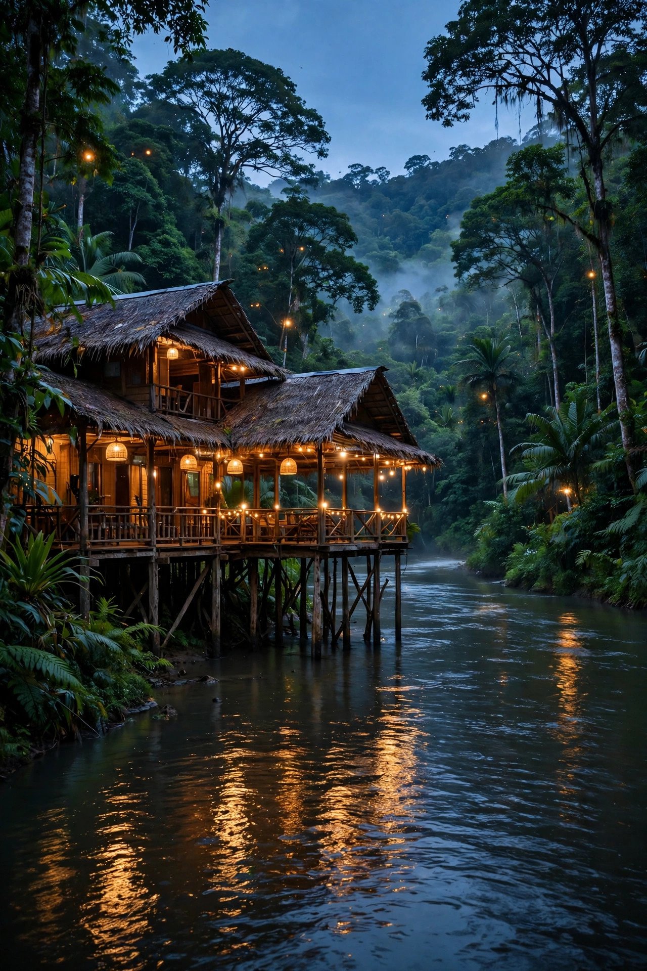 Jungle lodge on stilts along the Kinabatangan River at dusk in Sabah