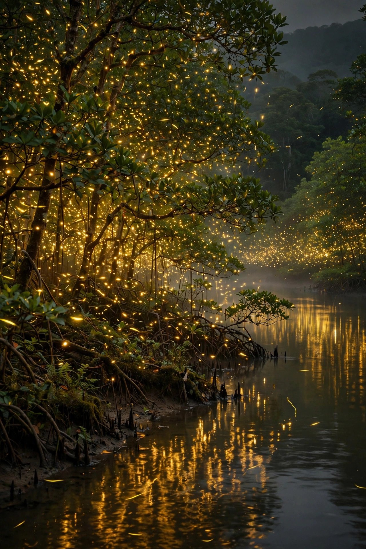Thousands of fireflies lighting mangrove trees along a river near Kota Kinabalu