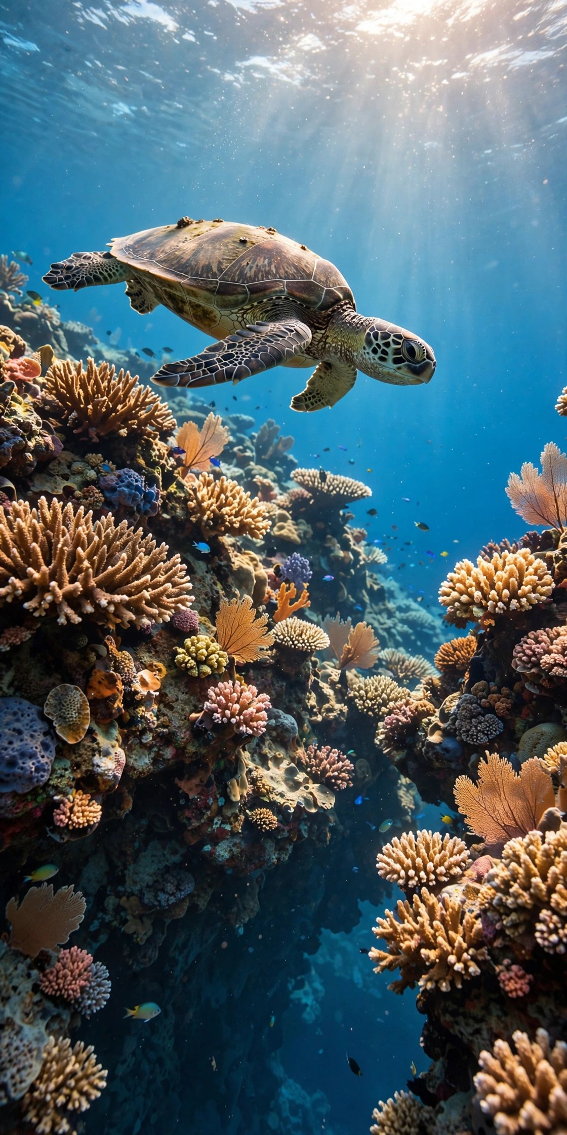 Sea turtle gliding over a coral wall at Sipadan Island in Sabah Borneo
