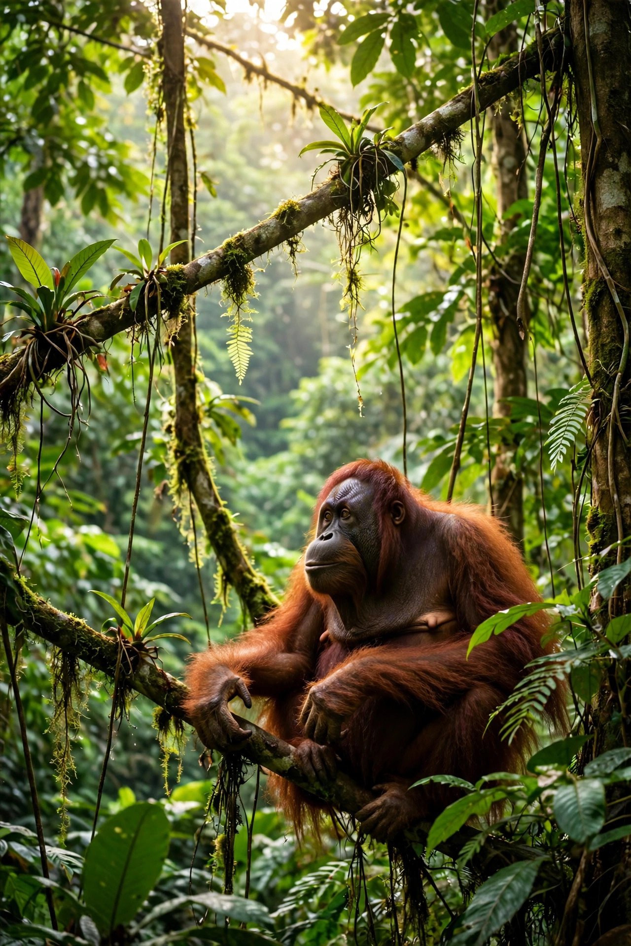 Orangutan in Bornean rainforest canopy seen on a honeymoon trip to Sabah
