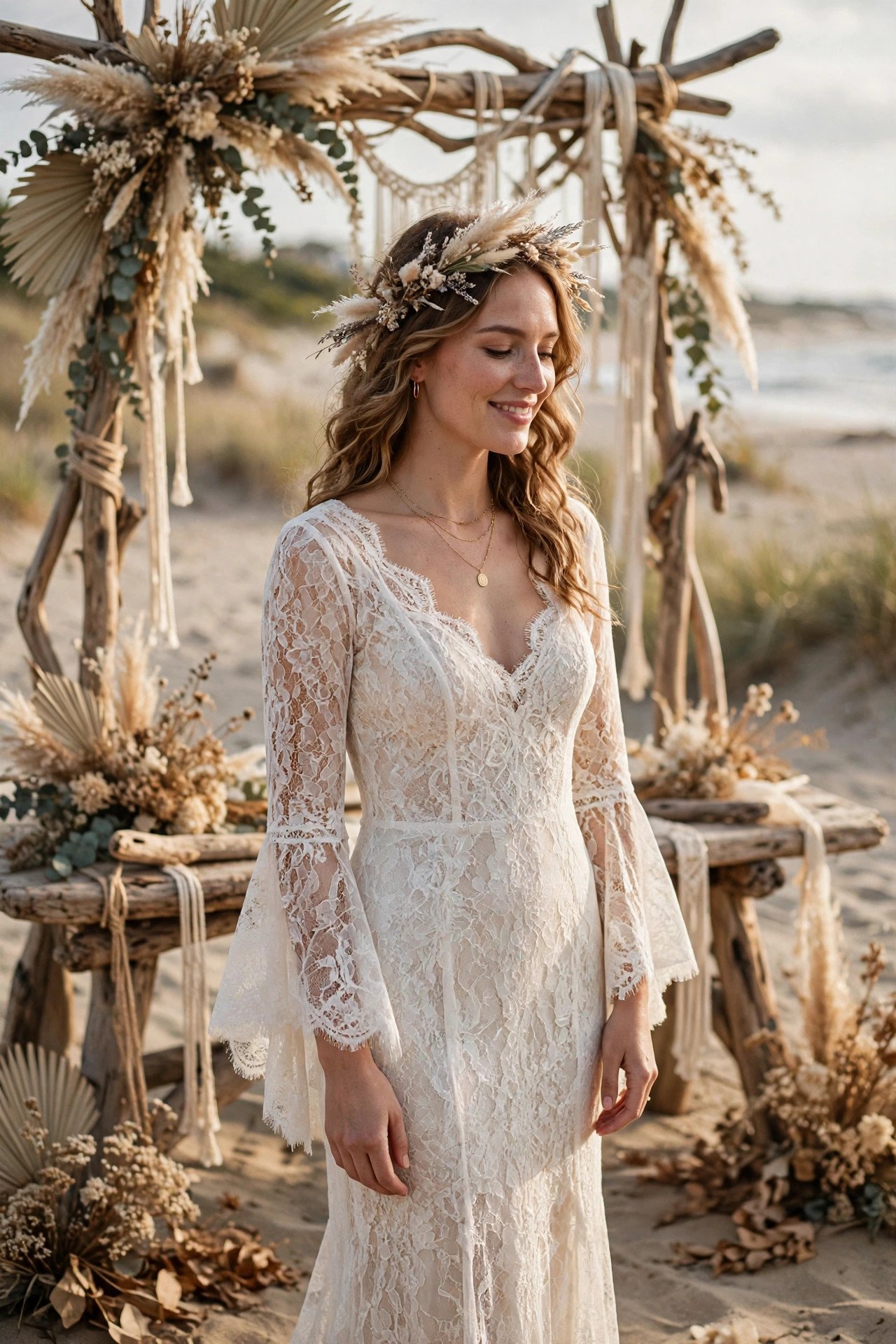 Boho bride in a lace sheath beach dress with bell sleeves at a driftwood altar