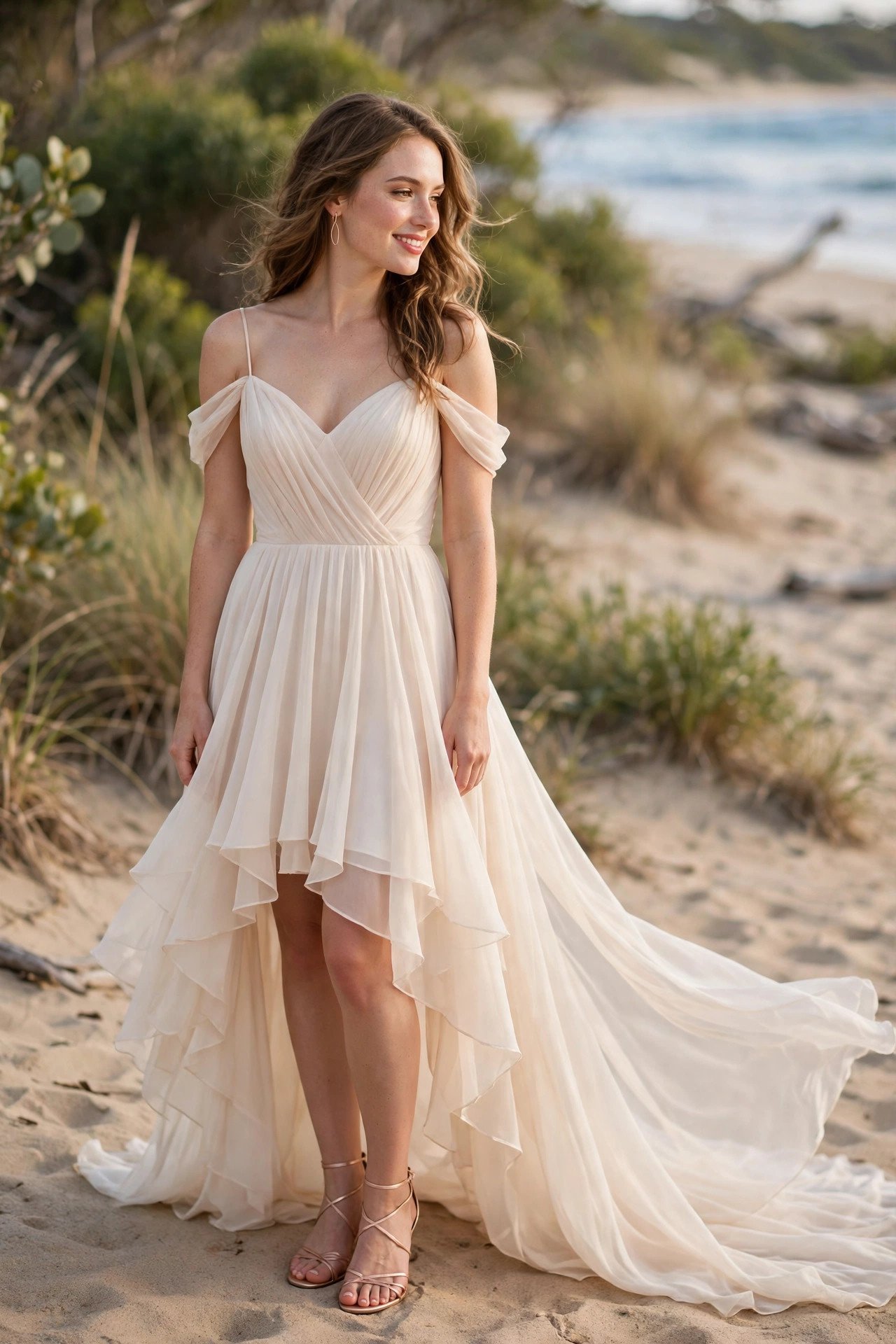 Bride in a high-low chiffon beach dress showing sandals and a flowing back train