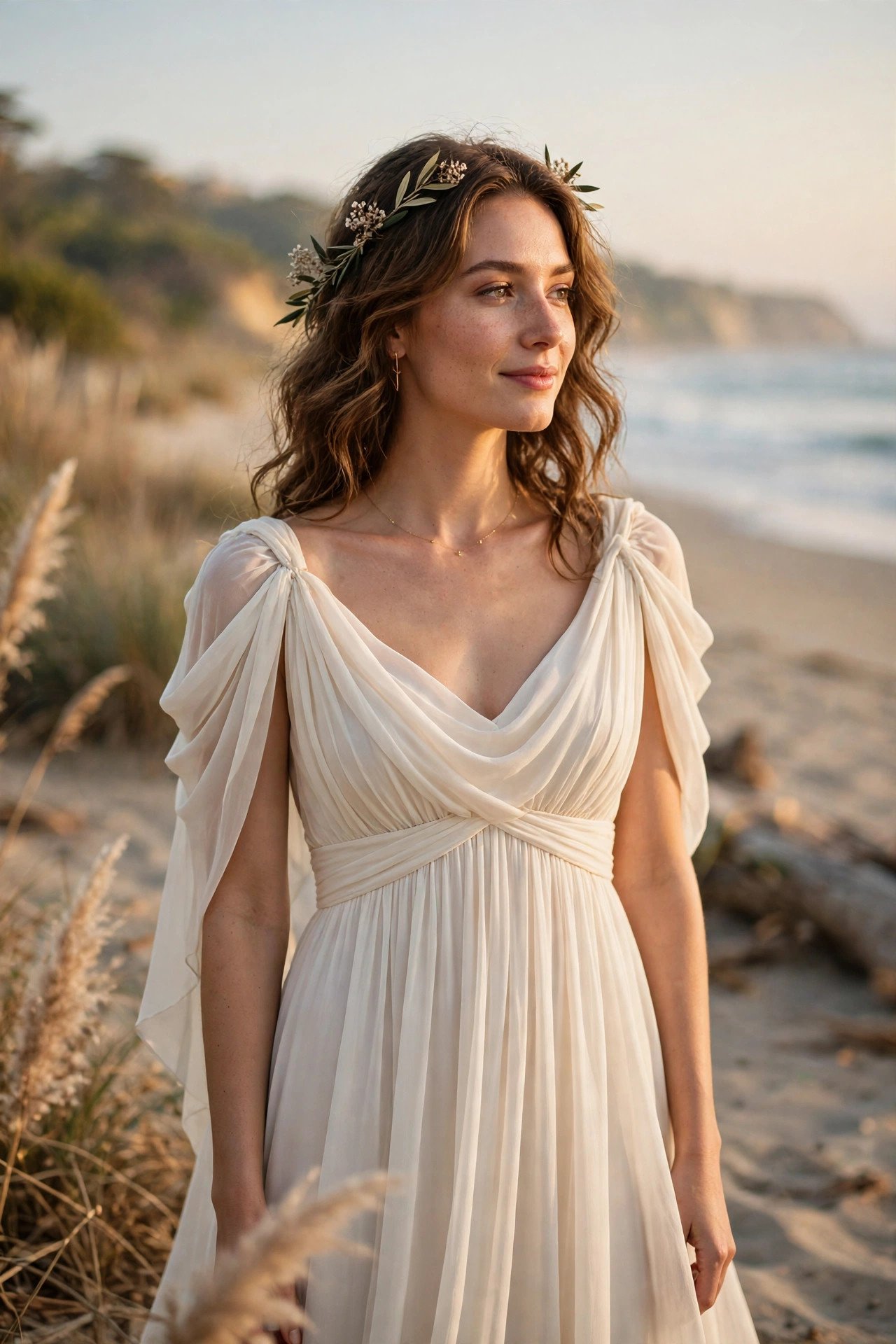 Bride in an empire-waist Grecian chiffon dress with draped shoulders at the beach