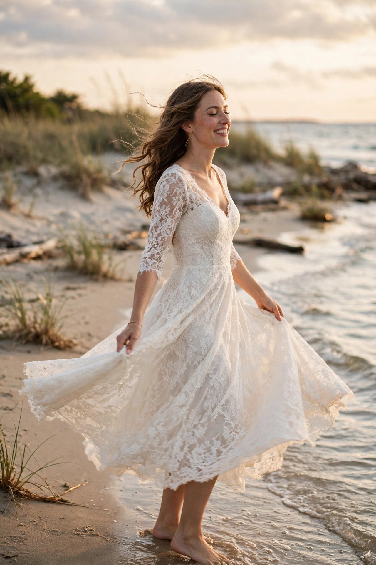 Bride in a tea-length lace beach dress twirling on the shoreline