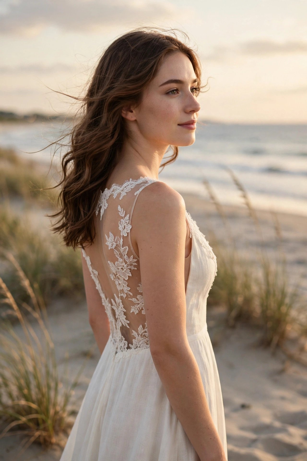 Bride in a plunging V beach dress with a sheer illusion back by the ocean
