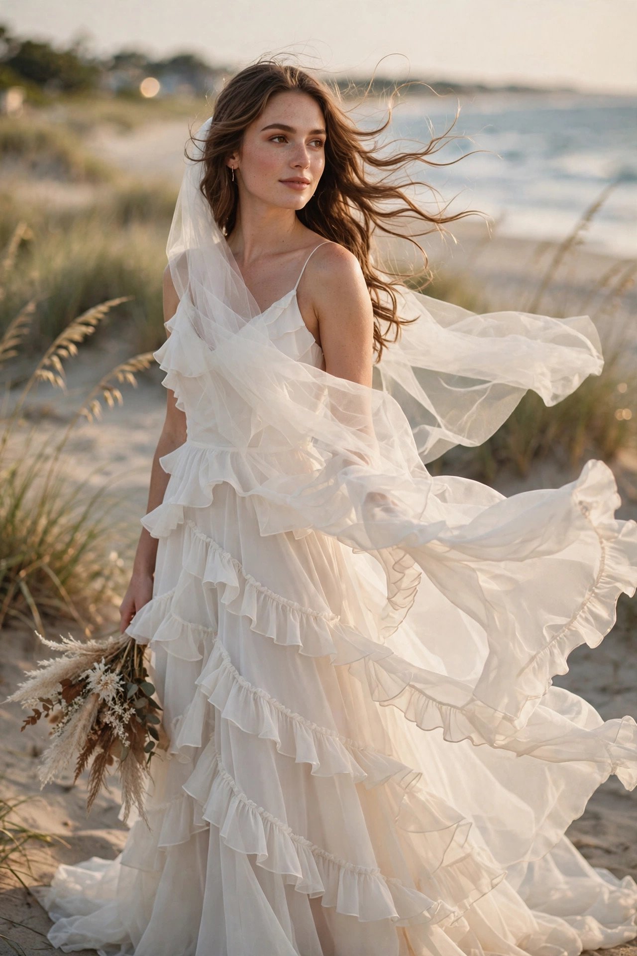Bride in a tiered ruffle chiffon beach gown with layers moving in the wind