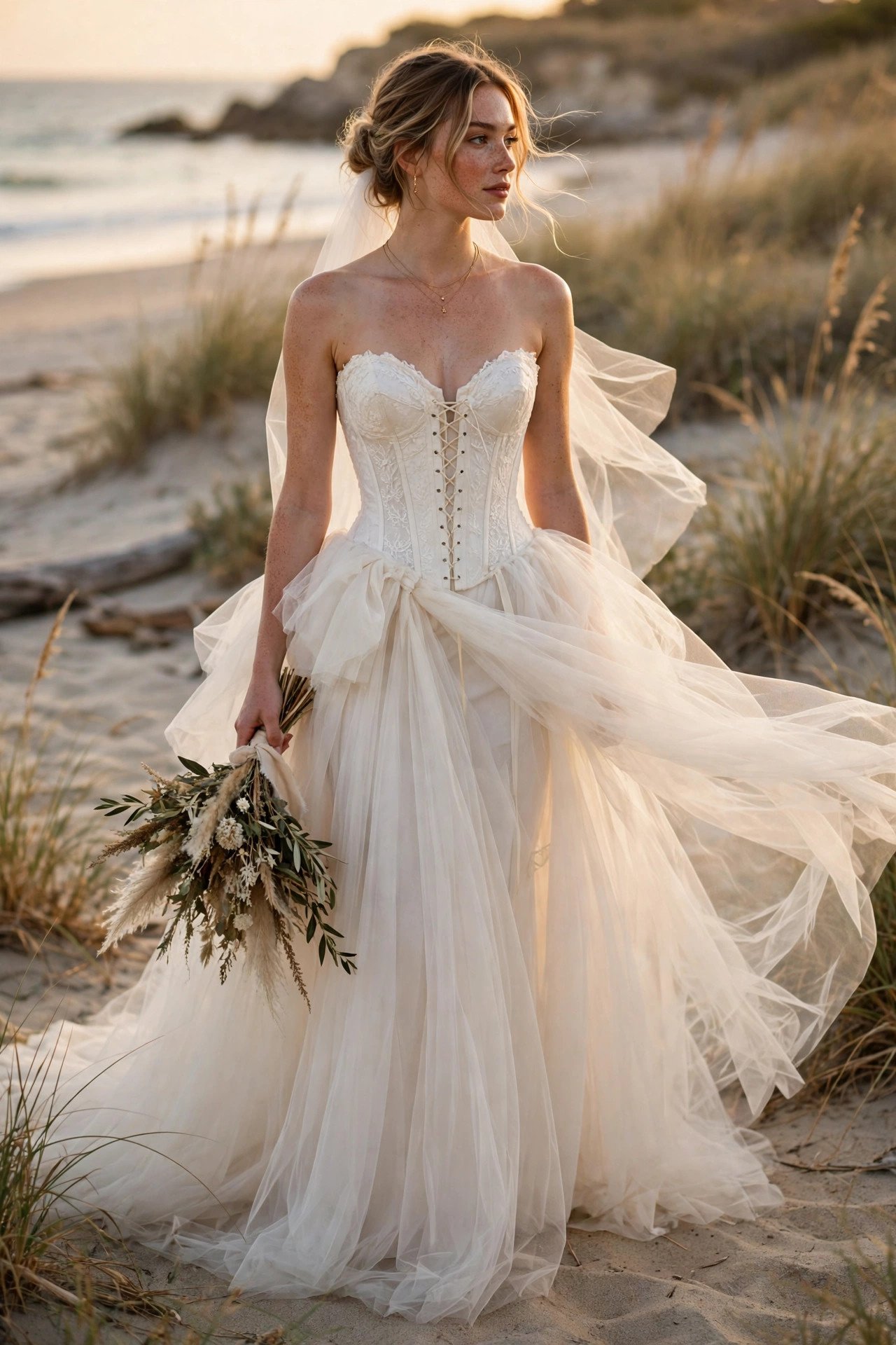 Bride wearing a corset dress with a detachable tulle overskirt at the beach