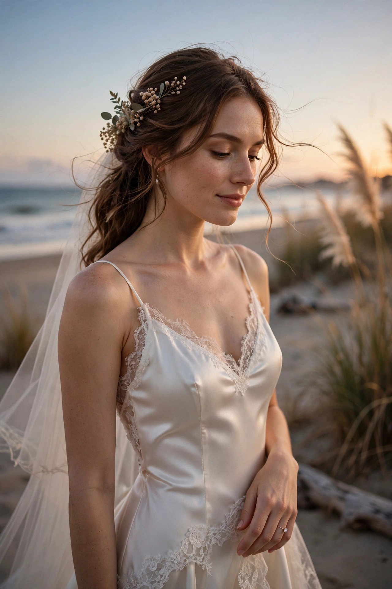 Bride in a satin slip beach dress with delicate lace trim at dusk