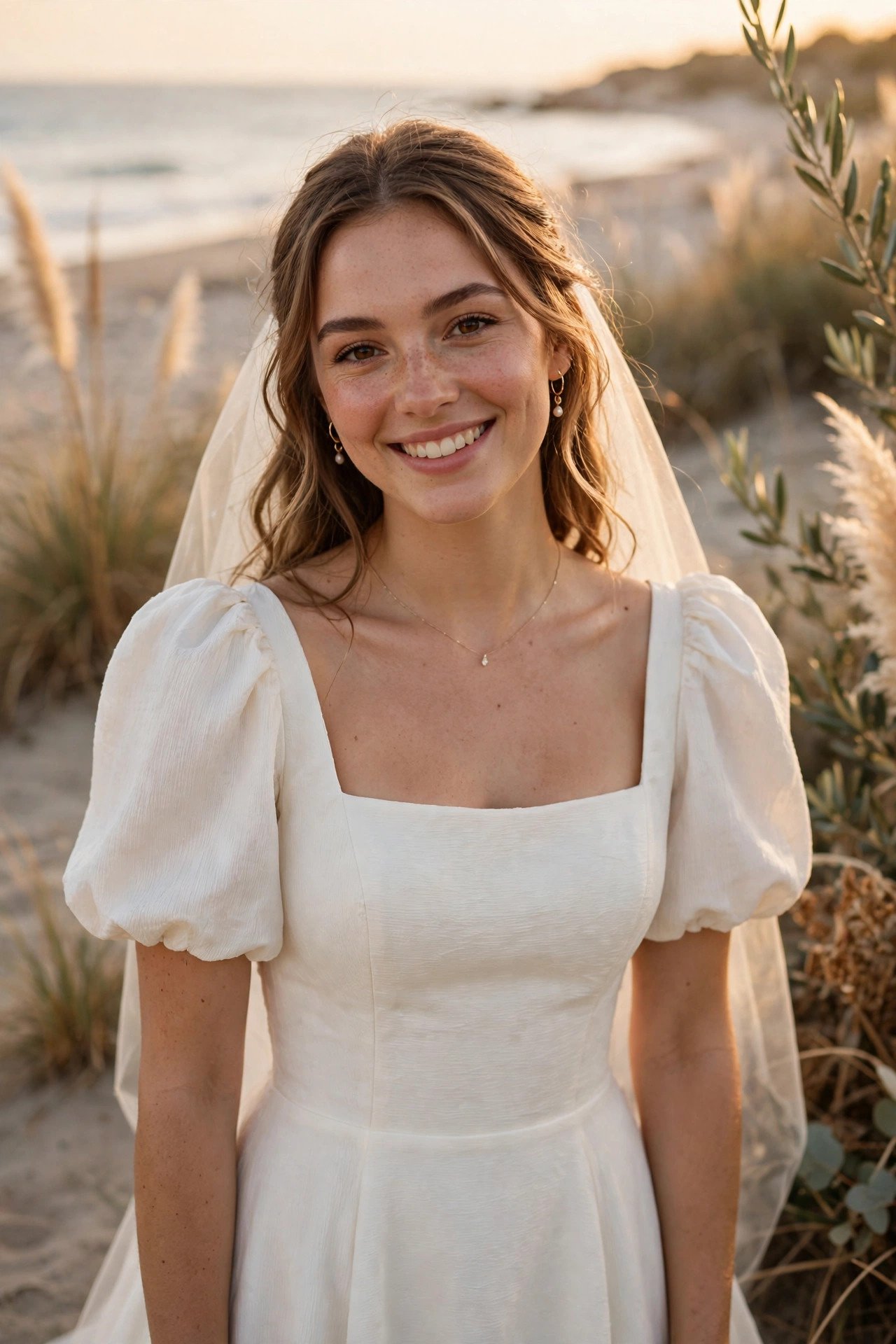 Bride in a square-neck crepe beach dress with puff sleeves smiling at the camera