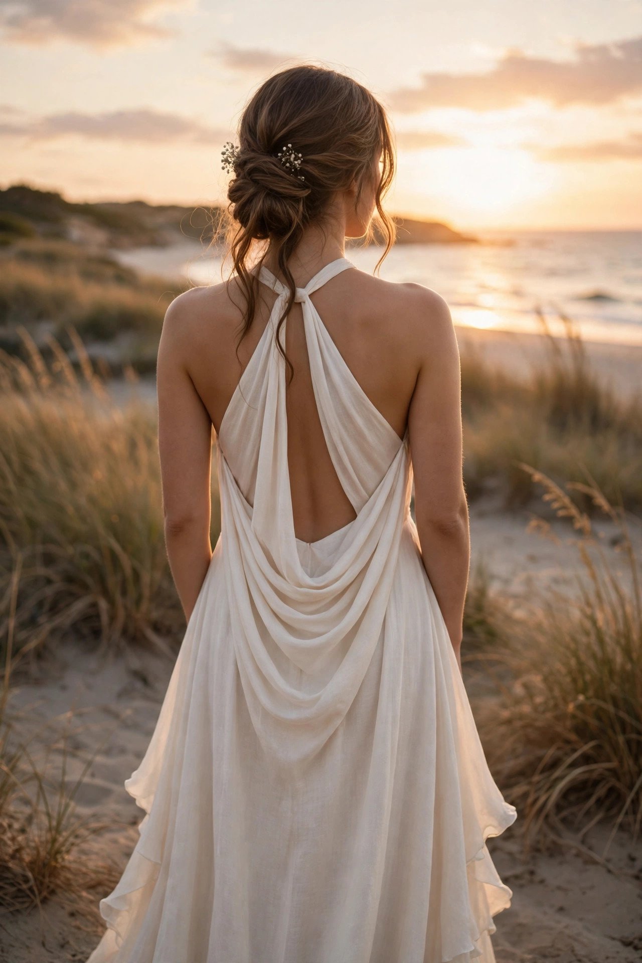 Bride in a backless halter beach dress with a draped cowl back at sunset