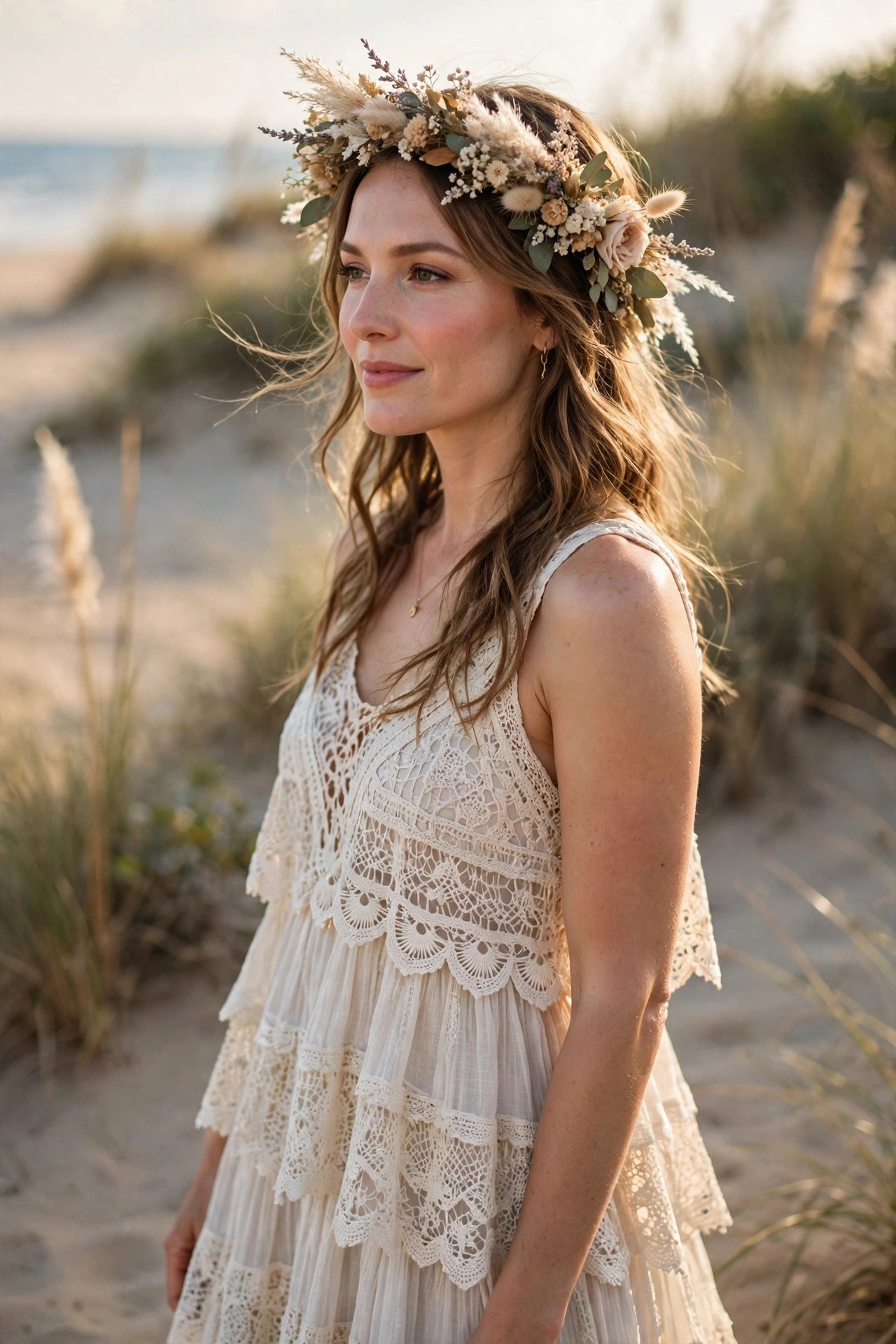 Bride in a tiered boho beach dress with crochet lace details and a flower crown
