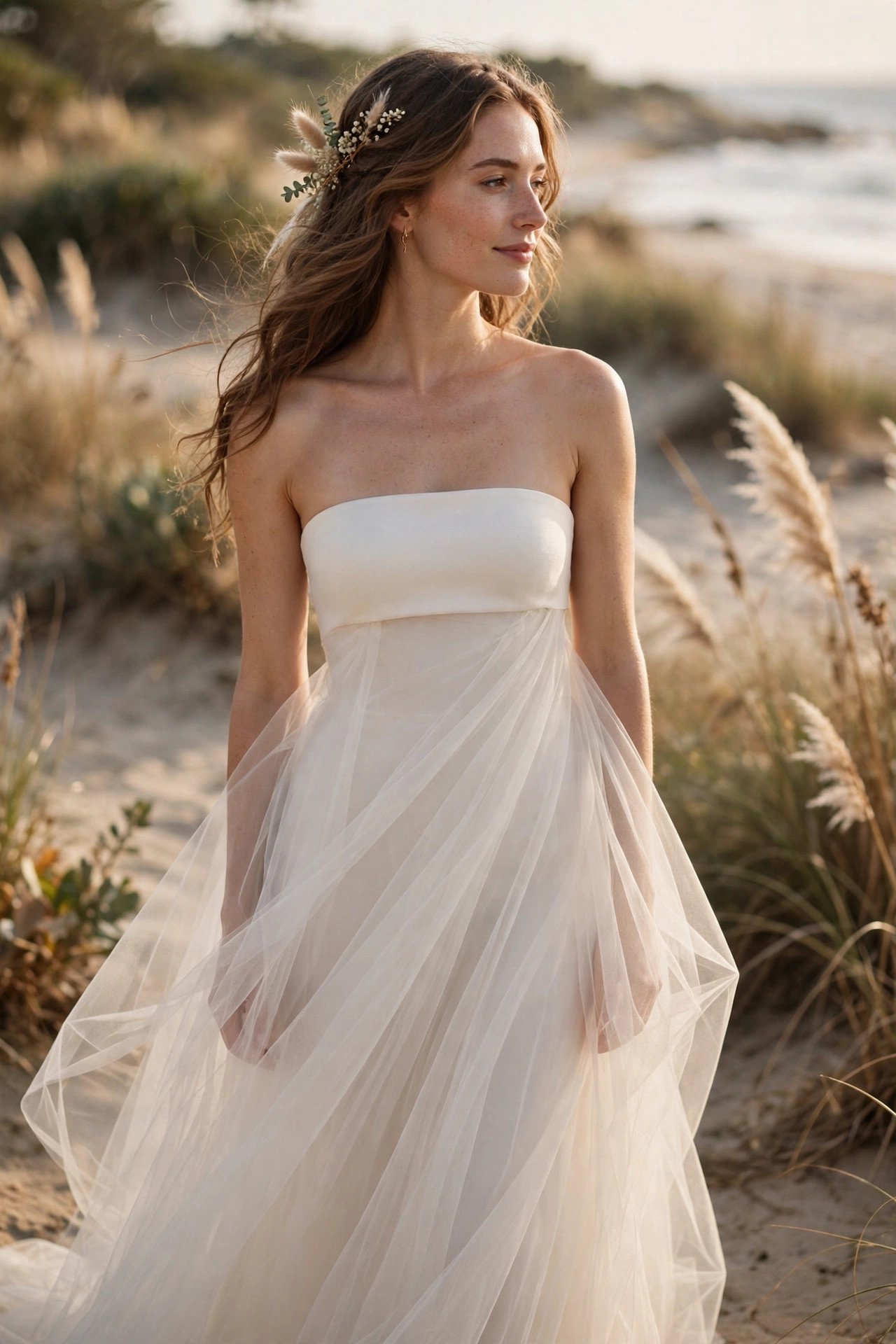Bride in a minimalist bandeau beach dress with a sheer overskirt layer