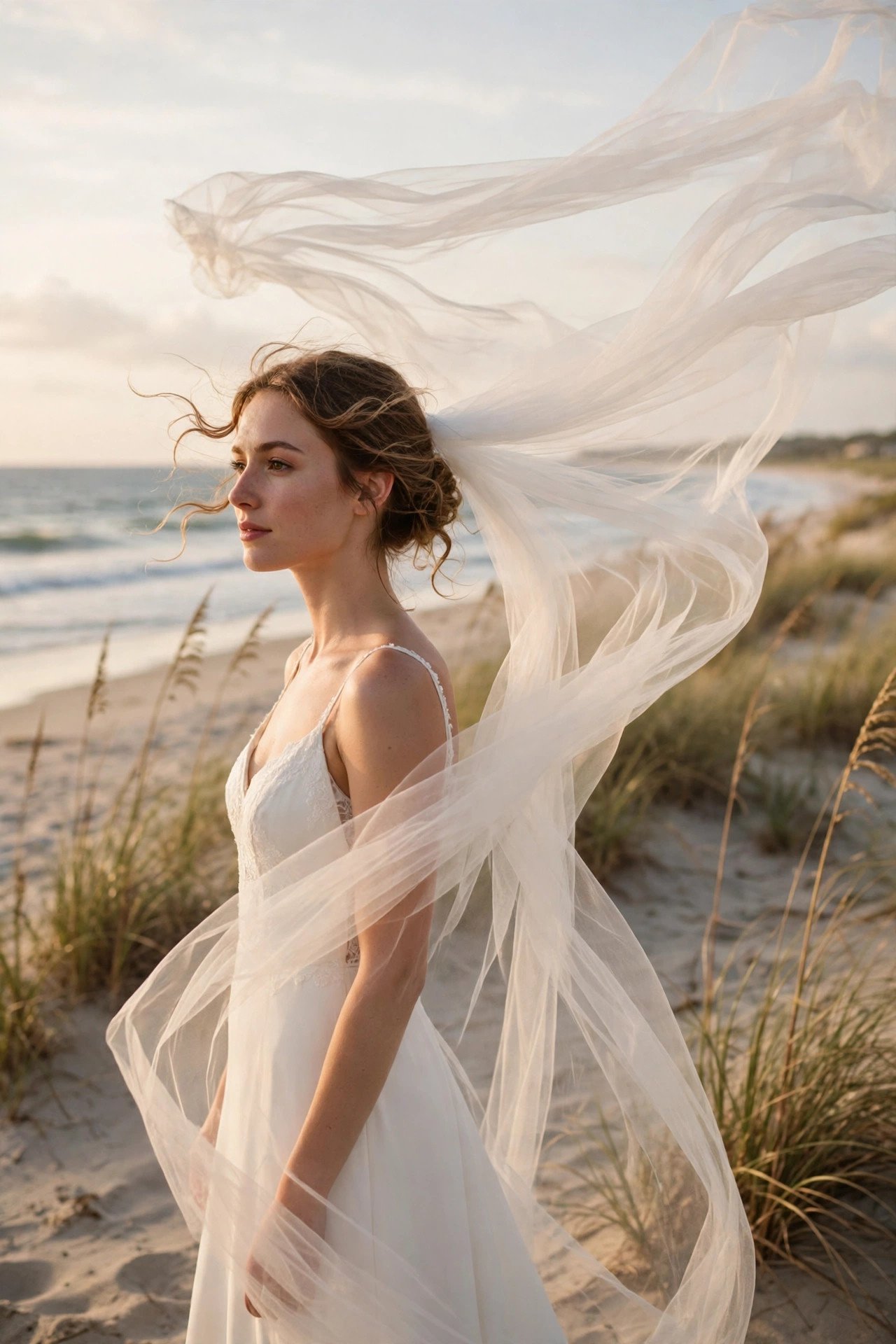 Bride on the beach with a long cathedral veil streaming in the wind over a simple dress
