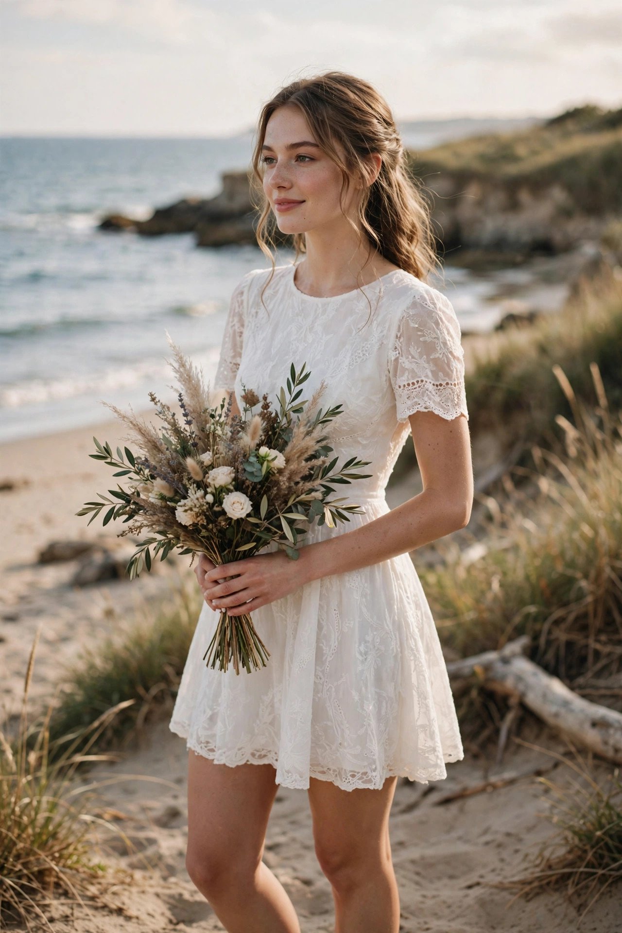 Bride in a short white beach minidress with a bouquet by the sea