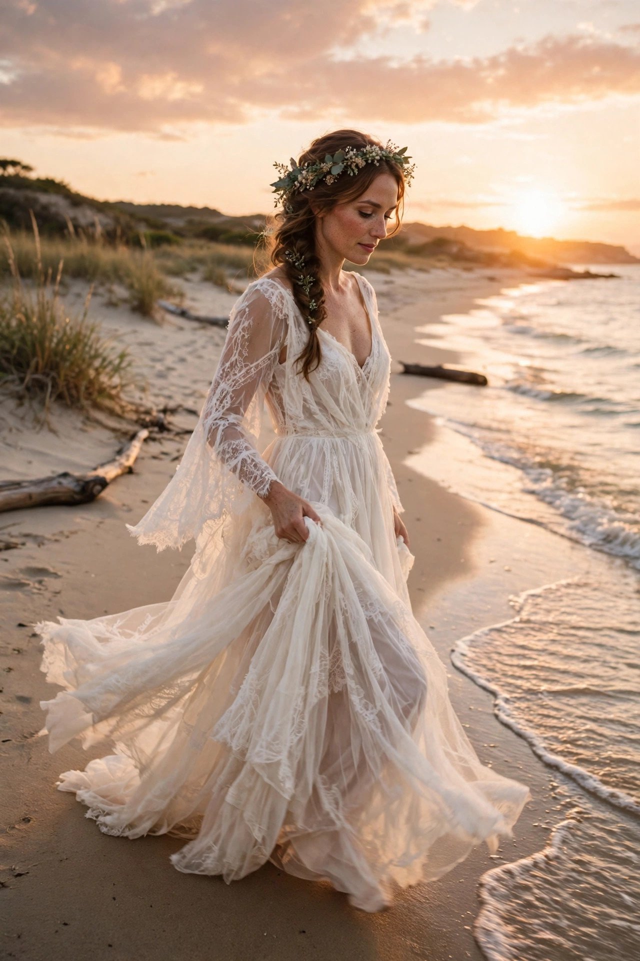 Bride in a flowing beach wedding dress walking along the shoreline at sunset