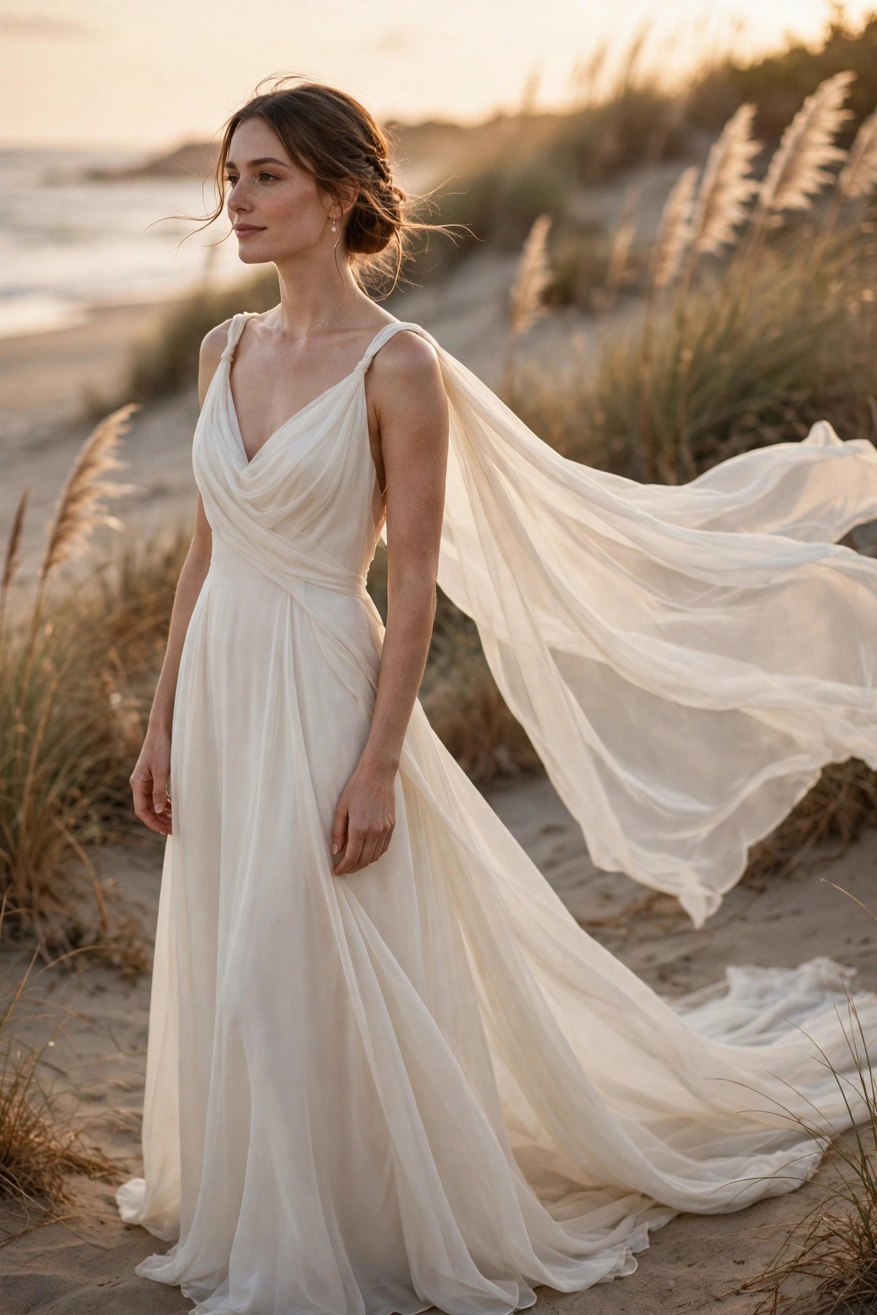 Bride in a silk chiffon beach gown with a Watteau train flowing behind her
