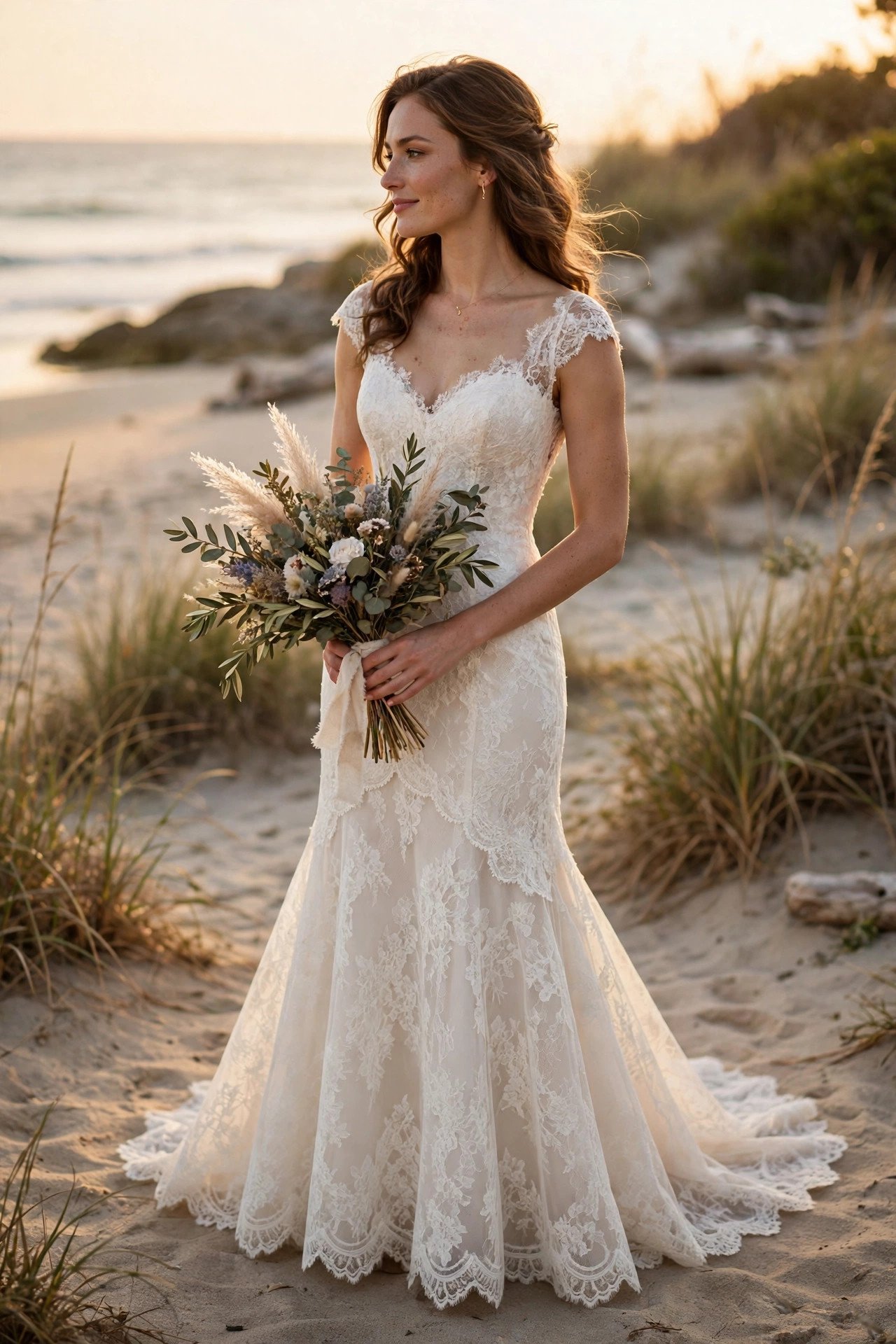 Bride in a French lace fit-and-flare beach gown with a scalloped hem