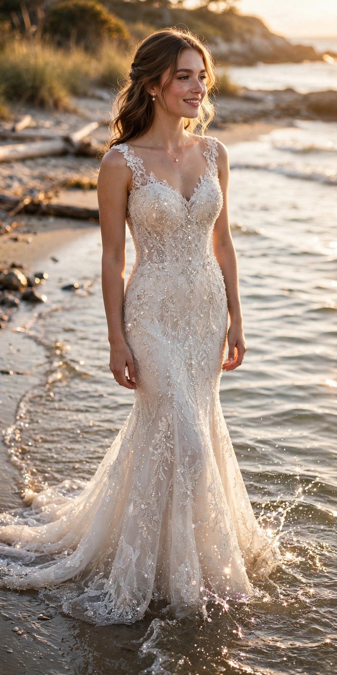 Bride in a beaded lace mermaid beach gown sparkling near the water